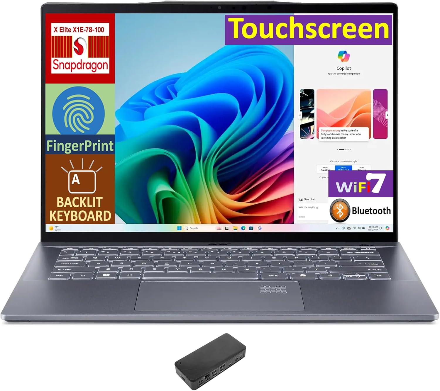 acer Swift 14 AI Powered Laptop 14.5 Touchscreen IPS WQXGA Display (Qualcomm Snapdragon X Elite X1E-78-100, 16GB LPDDR5X, 1TB SSD, Qualcomm Adreno GPU, Backlit KB, Win 11 Home) w/USB-C Dock