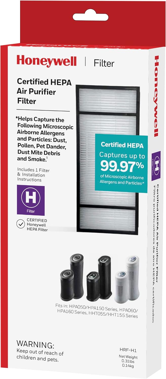 Honeywell HRF-H1 HEPA Air Purifier Filter H, 1-Pack – for HPA050/150, HPA060 & HPA160 Series – Airborne Allergen Air Filter Targets Wildfire/Smoke, Pollen, Pet Dander, and Dust