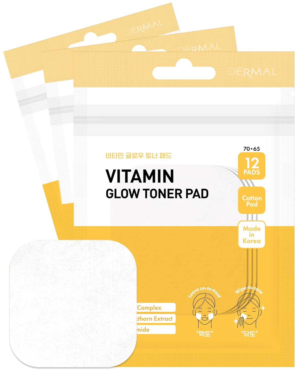 DERMAL Vitamin Toner Pad – Korean Toner Pad for Skin Glow & Vitality Improvement with Vitamin C – Vegan Pure Cotton Square Pads – Travel Kit 12 Pads, 3 Pack (Total 36 Pads)