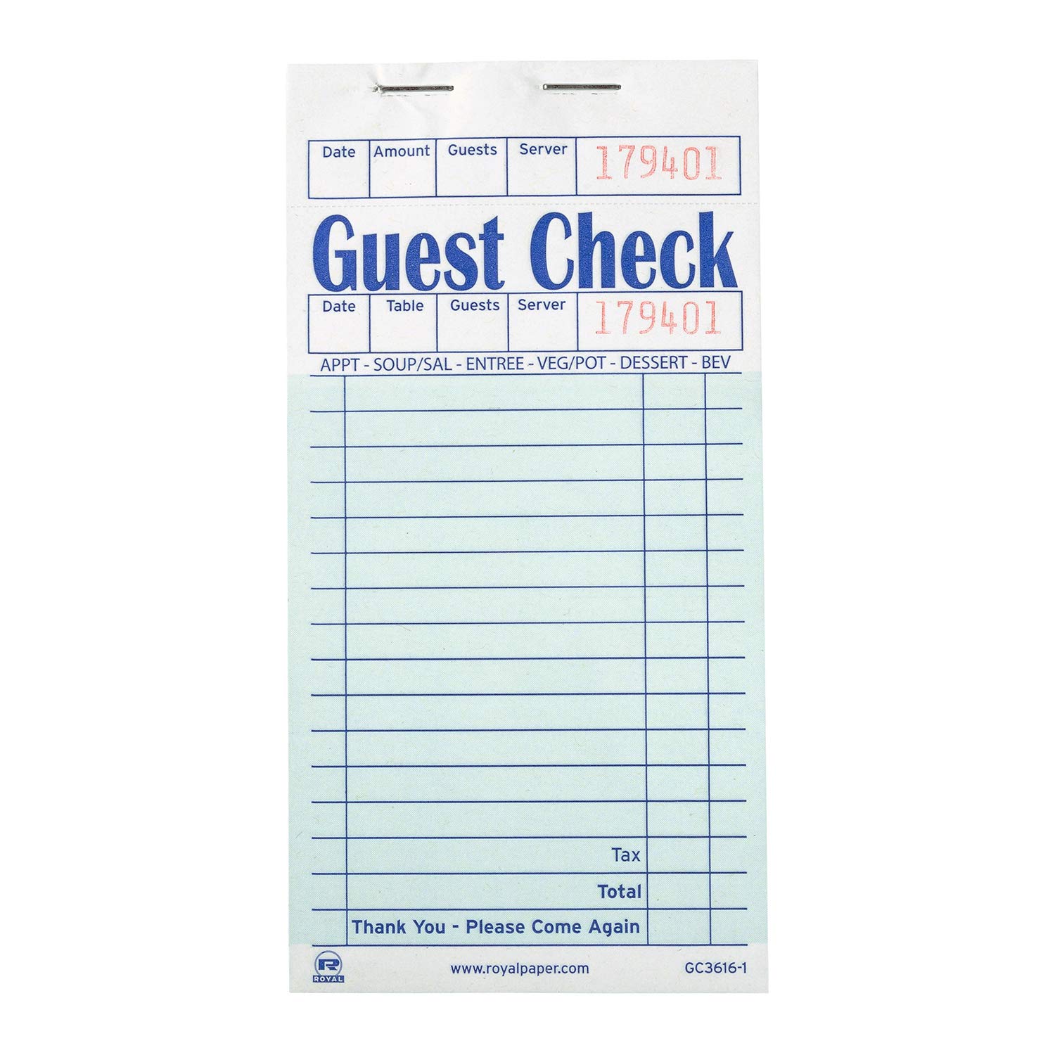 AmerCare Royal Green Guest Check Paper Receipt Book, Carbonless Order Book with 16 Lines, 1 Part Booked, Case of 10 Server Notepad Books