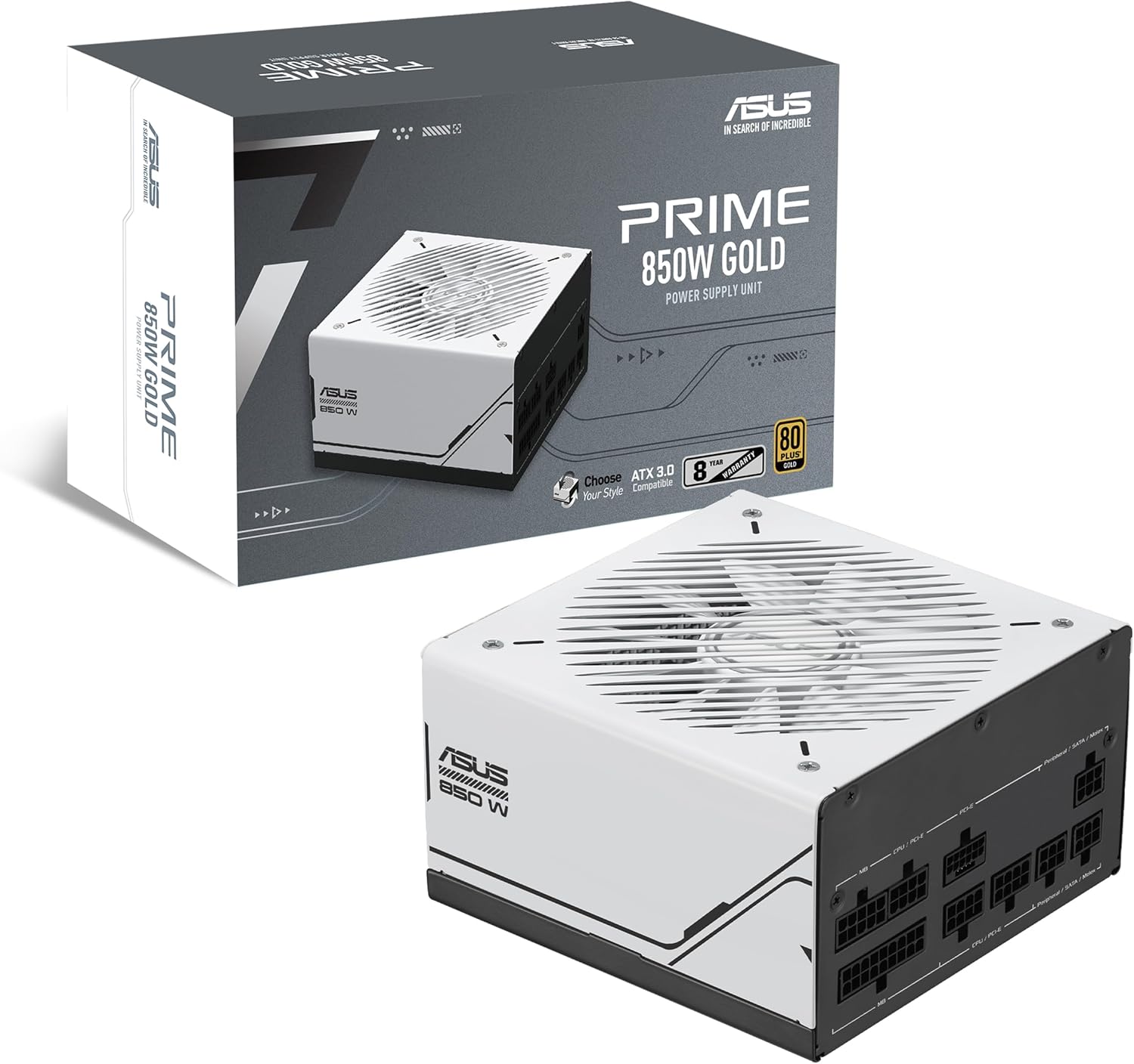 ASUS Prime 850W Gold (850 Watt, ATX 3.0 Compatible, Fully Modular Power Supply, 80+ Gold Certified, Dual Ball Bearings, Two Color Options in One, 8-Year Warranty)