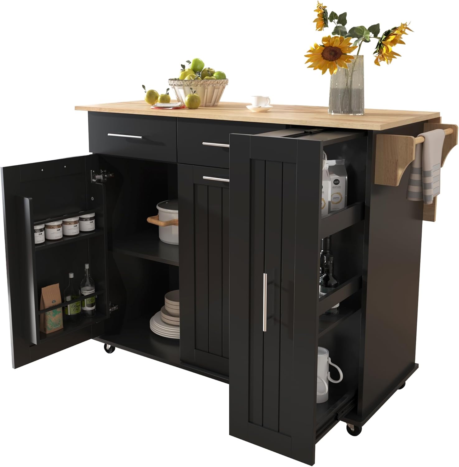 LUMISOL Kitchen Island Cart with 3 Tier Pull Out Cabinet Organizer and 2 Drawers, Rolling Kitchen Island on Wheels with Drop Leaf, Kitchen Storage Cart with Internal Storage Rack, Black