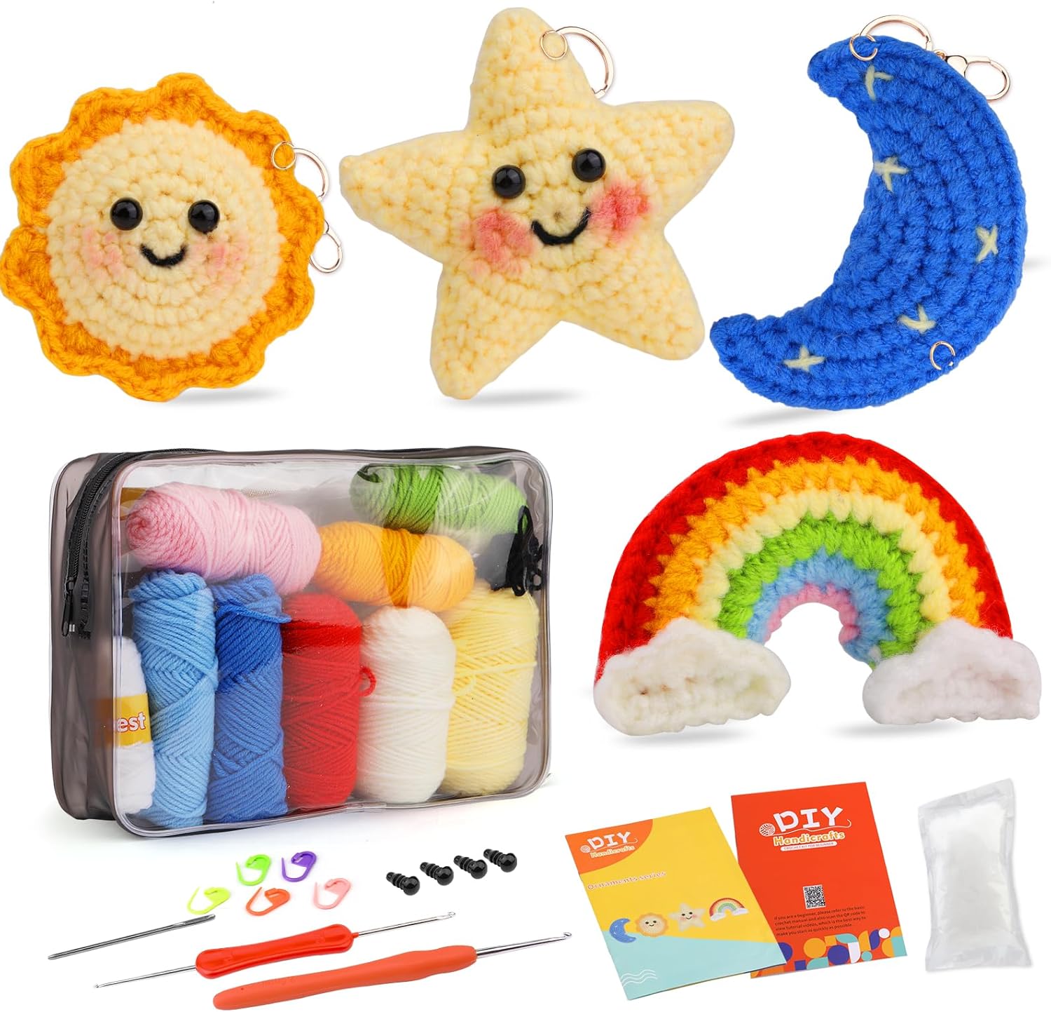 4PCS Knitting Crochet Kit for Beginners, Craft Knitted Starter Kit with Step-by-Step Video Tutorials, Learn to Crochet Kits for Adults and Kids, BackBag Decorations, Pendants, Sun/Star/Rainbow/Moon