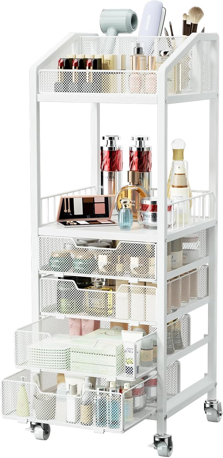 HapiRm Makeup Organizer Storage Cart – Floor Skincare Make Up Organizers with 4 Drawers, Rolling Makeup Cart Vanity Organizer Cosmetics Display Cases Holder for Skin Care Perfume Nail Polish