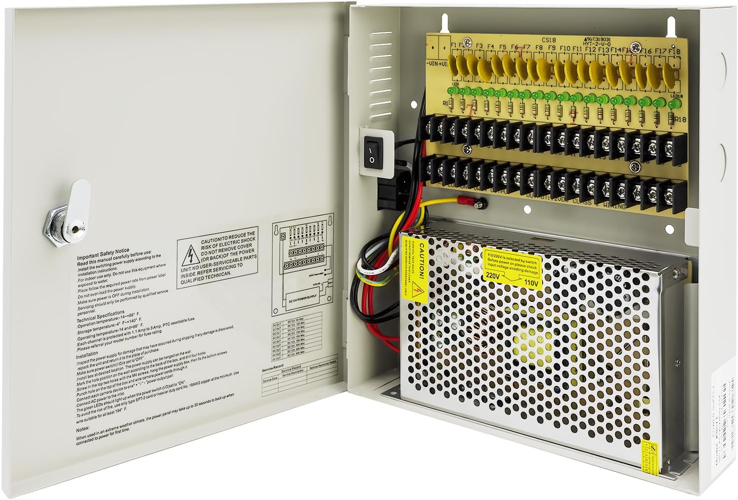 18 Channel 12V CCTV Power Supply Box, with PTC Individually Fused 10A DC CCTV Distributed 12 Volt Power Supply Box,for CCTV, LED, and All 12v DC Devices.UL Listed