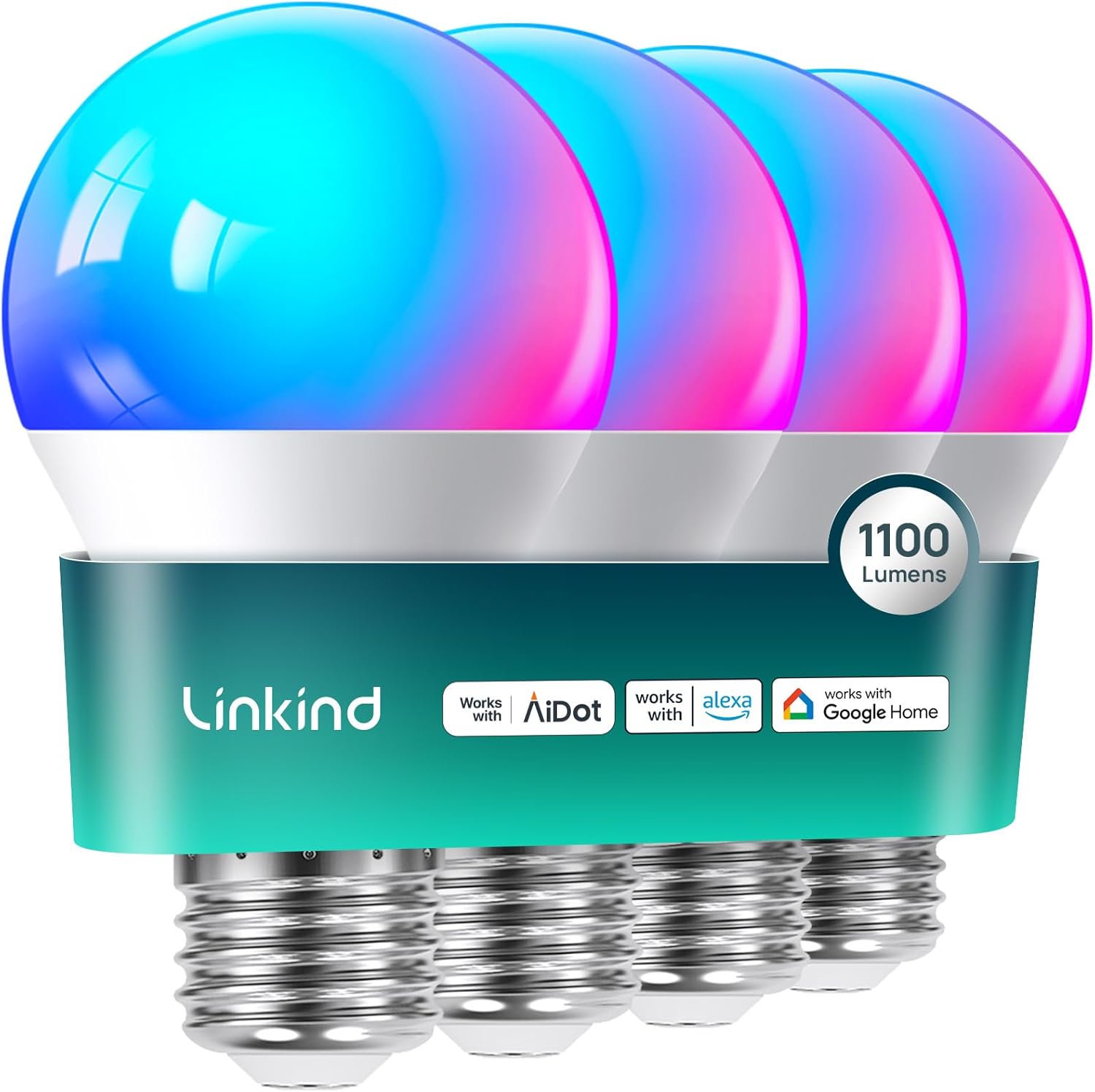 Linkind Smart Light Bulbs, 1100LM (75W Equivalent) Smart Bulb, Work with Alexa & Google Home, RGBTW Color Changing Bulbs Music Sync, 2.4GHz Wi-Fi & Bluetooth, LED Alexa Light Bulbs 11W, A19 E26, 4Pack