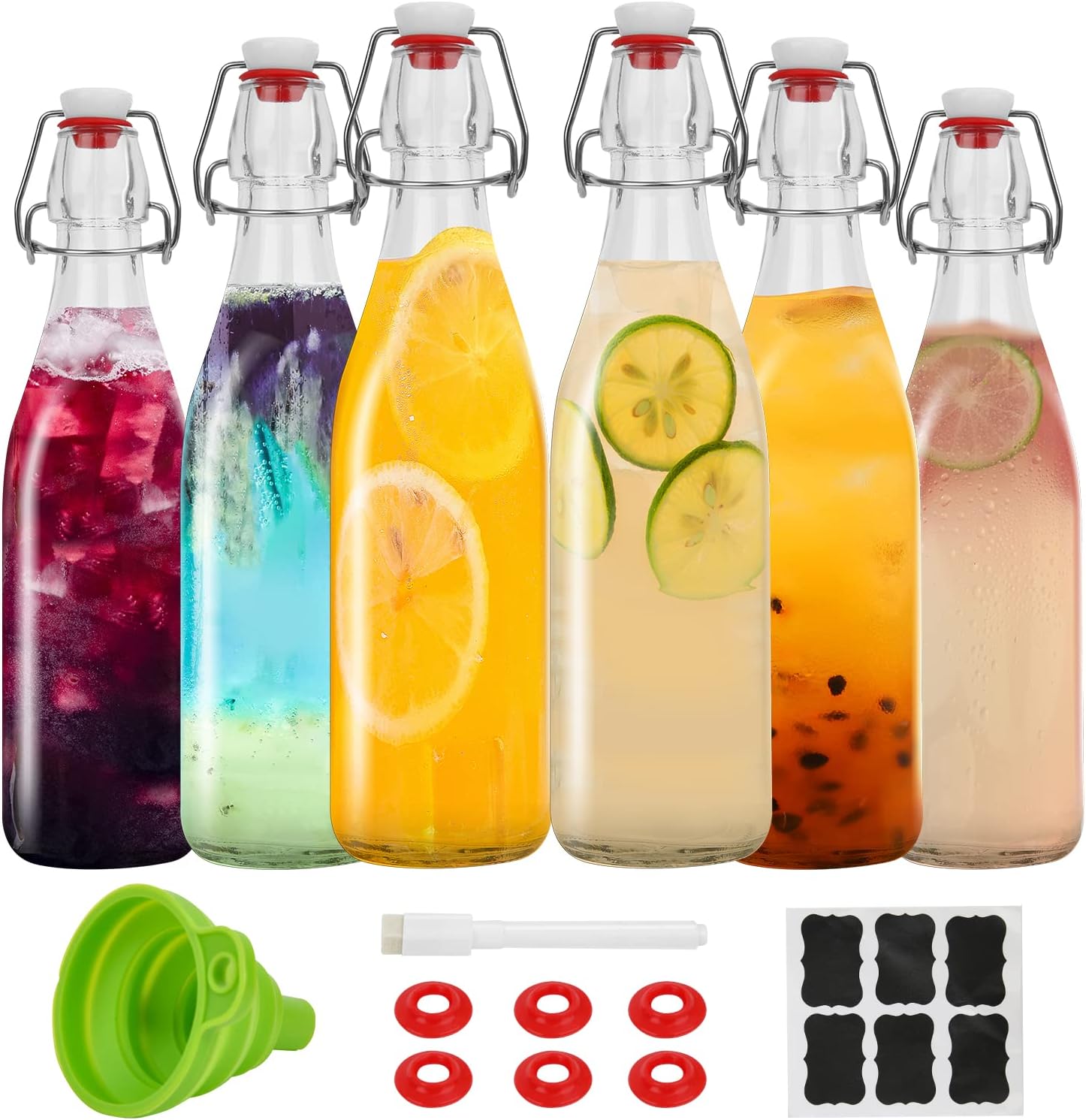 Swing Top Glass Bottles 16oz-Glass Beer Bottles With Airtight Caps for Home Brewing,Kombucha, 2nd Fermentation, Water Kefir, Beverages, Soda, Oils, Vinegar, Limoncello（6 Pack