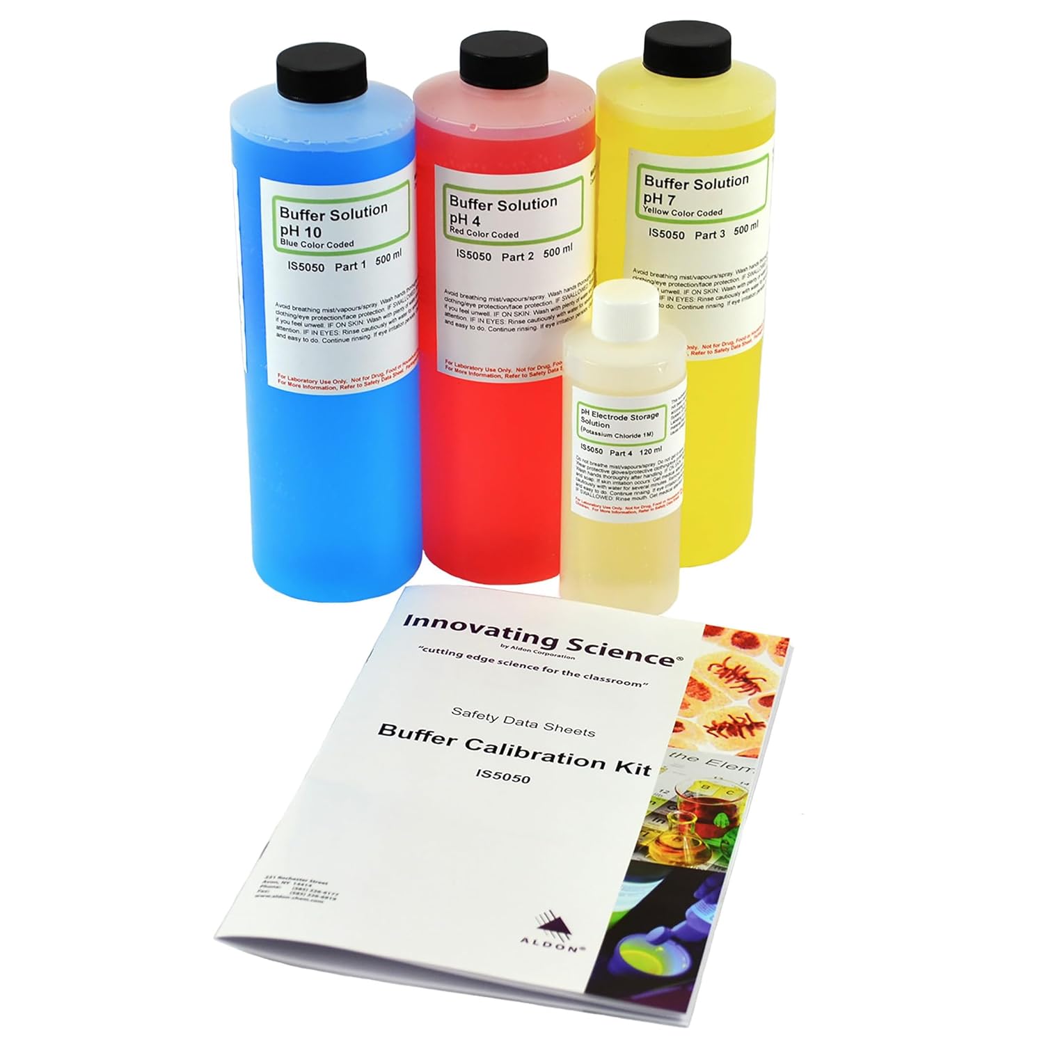 ALDON Innovating Science pH Calibration Solution 4.00, 7.00, 10.00 & pH Electrode Storage Solution, 500ml – 16.9oz (Pack of 4) – Premium pH Buffer Solution Kit