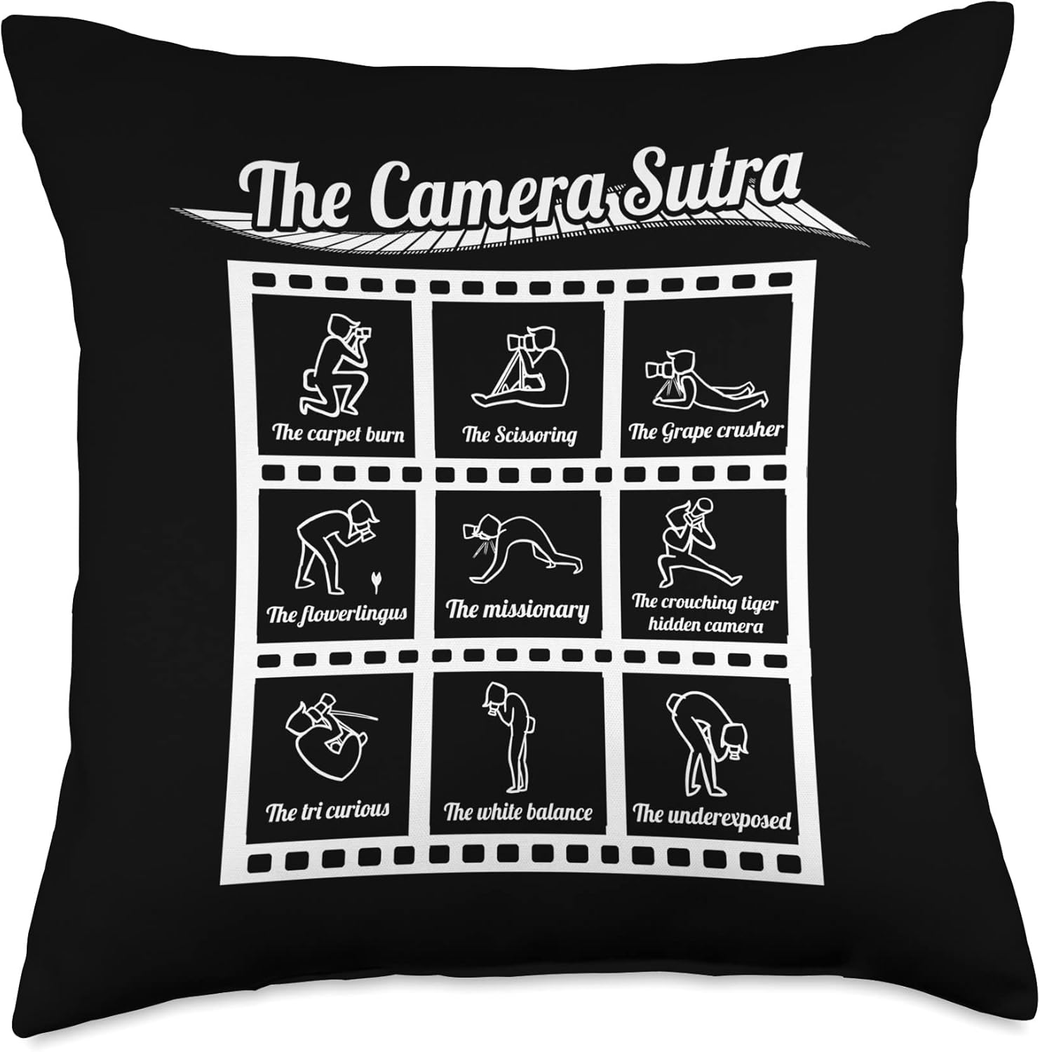 Funny Photographer Positions Camera Sutra Throw Pillow, 18×18, Multicolor