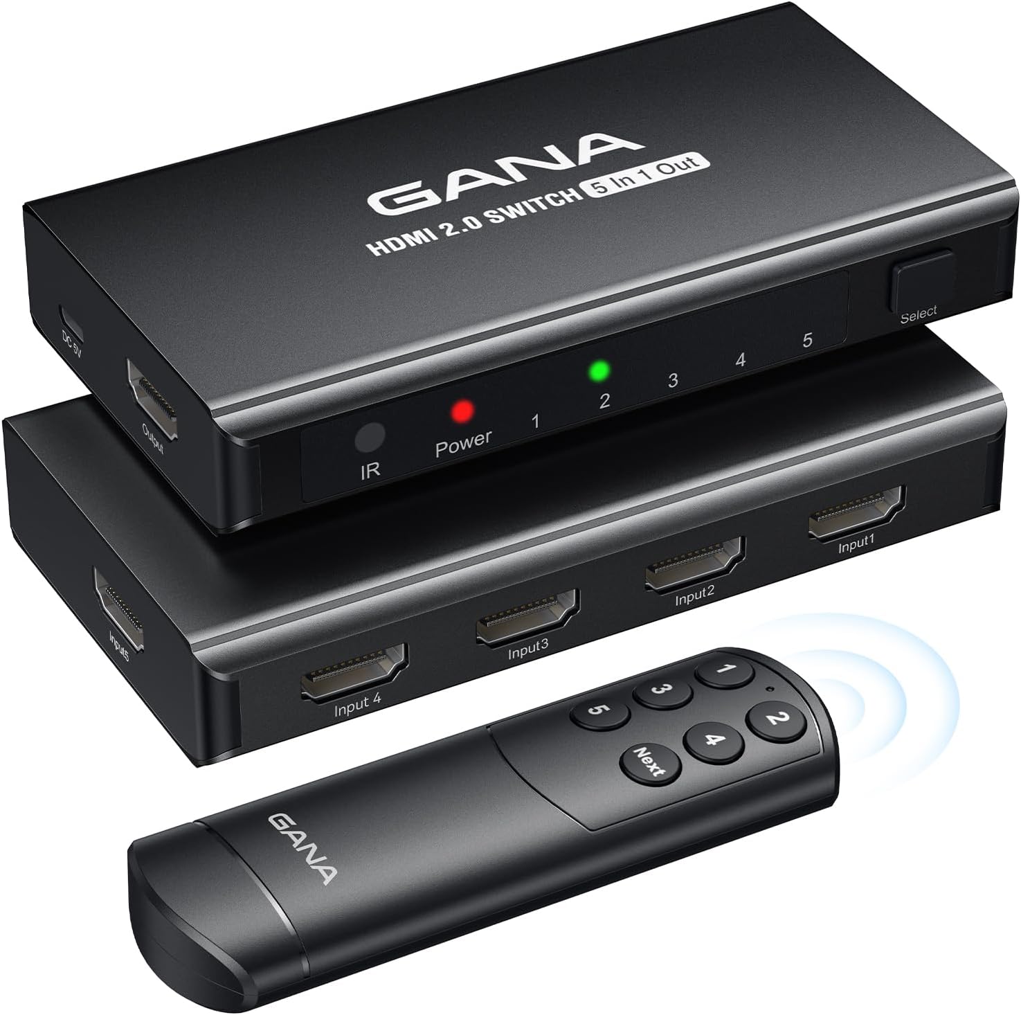 HDMI Switch 5 in 1 Out 4K@60Hz, GANA HDMI Splitter Switcher with Remote, Aluminum HDMI 2.0 Switch Box Hub for 3D, HDCP2.2, HDR, Compatible with Xbox, PS5/4/3,Fire Stick,Roku,Blu-Ray Player, Black