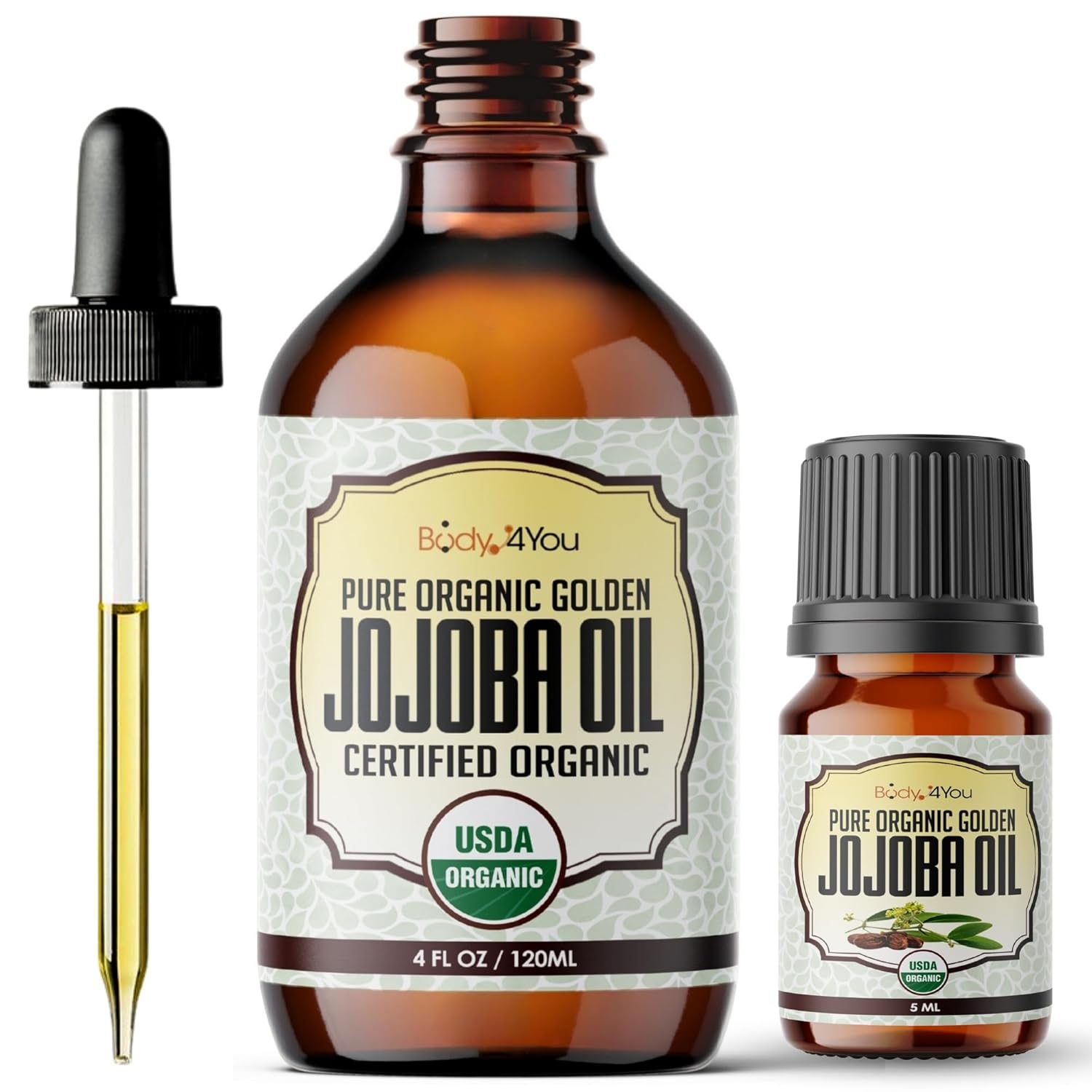 BodyJ4You USDA Organic Jojoba Oil – 100% Pure Natural Face Body Hair Anti-Aging Oil – Premium Grade Oil Cold-Pressed Hexane-Free – Base Carrier Oil – 4.22 Fl Oz