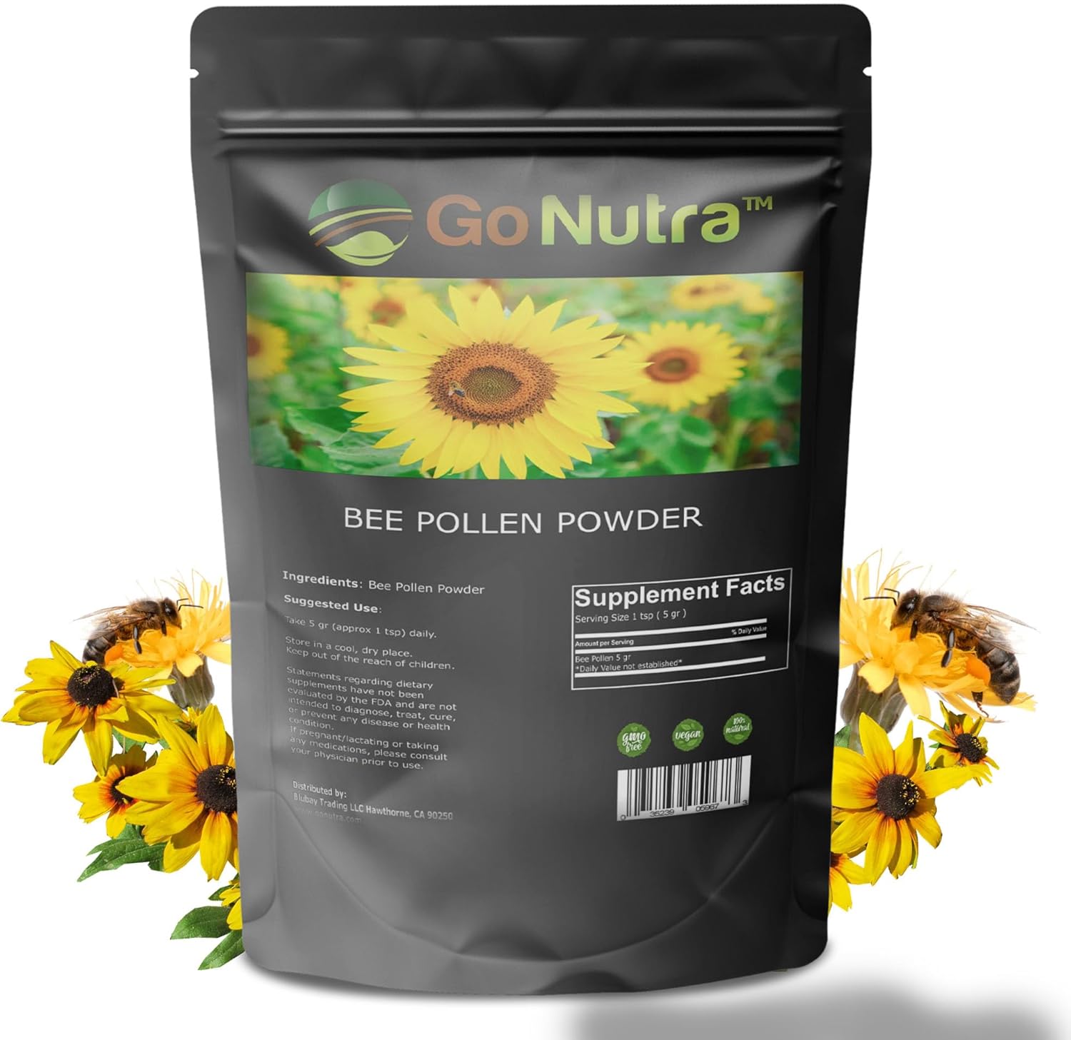 Go Nutra – Bee Pollen Powder, Pure Bee Pollen Powder, Bee Pollen Supplement for Humans, Dogs, Bearded Dragon, and More, Non-GMO, Gluten-Free, Vegan, 8 oz