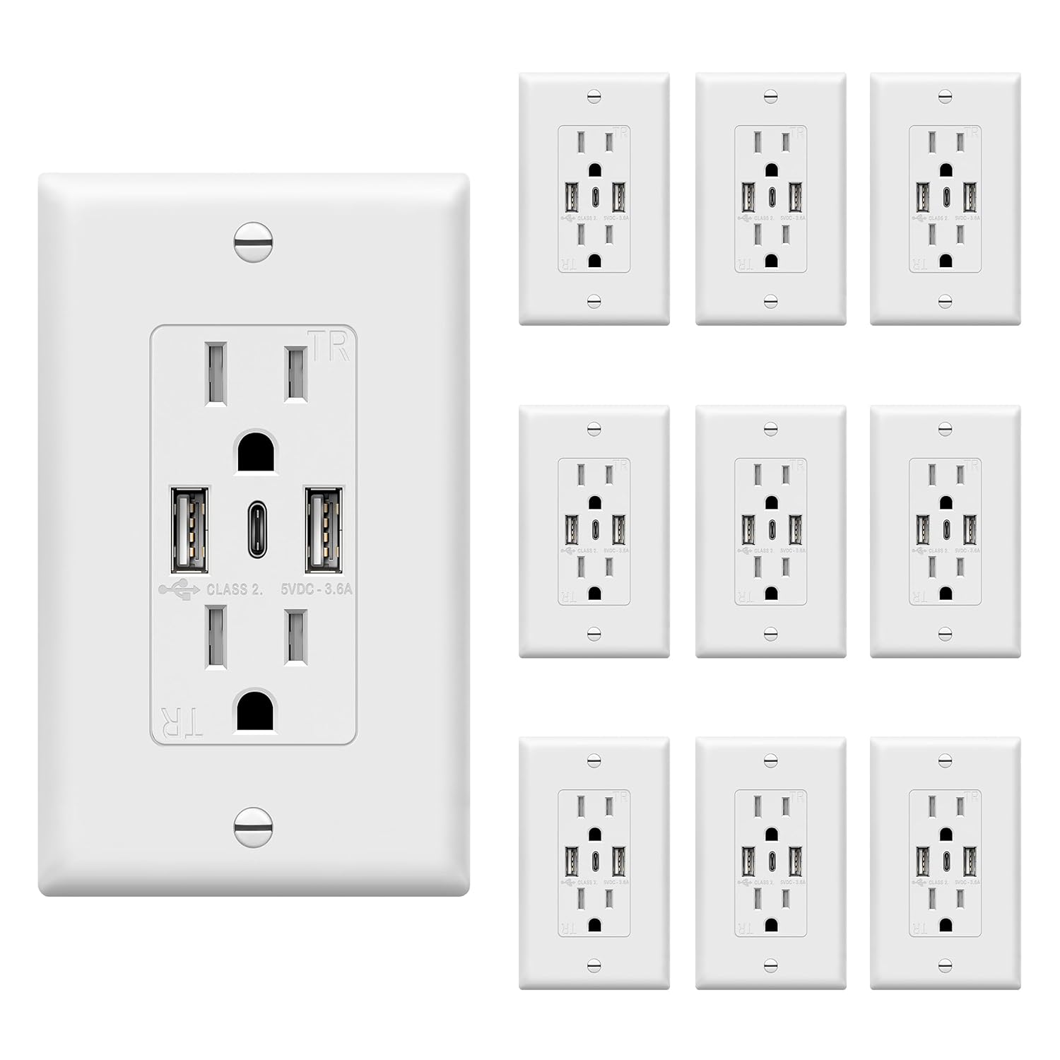 TOPGREENER USB Outlet, 3-Port Type C 3.6A 18W Wall Outlet, 15 Amp Receptacle Plug, Power Outlet with USB Ports, Compatible with iPhone 15 Series & More, UL Listed, TU21536AC3-10PCS, White, 10 Pack