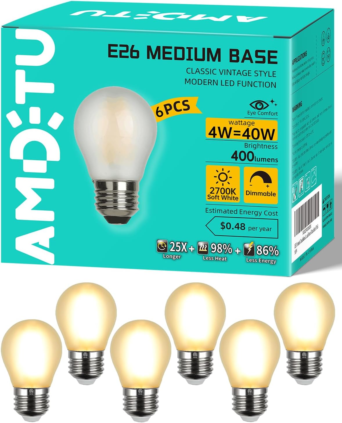 Vintage LED Edison Short Bulb 40W Dimmable E26 Small Globe 2700K Soft white Frosted 40 Watt Warm Standard Medium Base G45 LightBulbs Ideal for Home Lighting Fixtures create Cozy Ambiance in Bedrooms