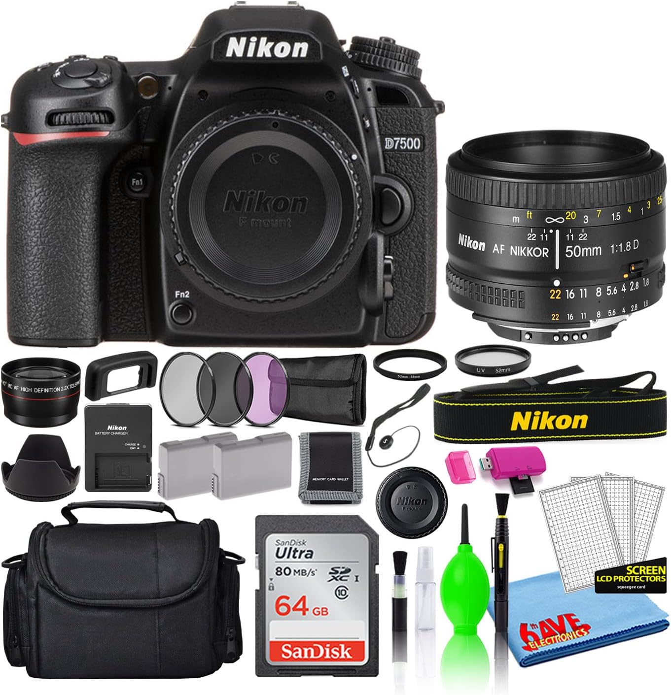 Nikon D7500 20.9MP DSLR Digital Camera with AF 50mm f/1.8D Lens (1581) Deluxe Bundle with 64GB SD Card + Large Camera Bag + Filter Kit + Spare Battery + Telephoto Lens (Renewed)