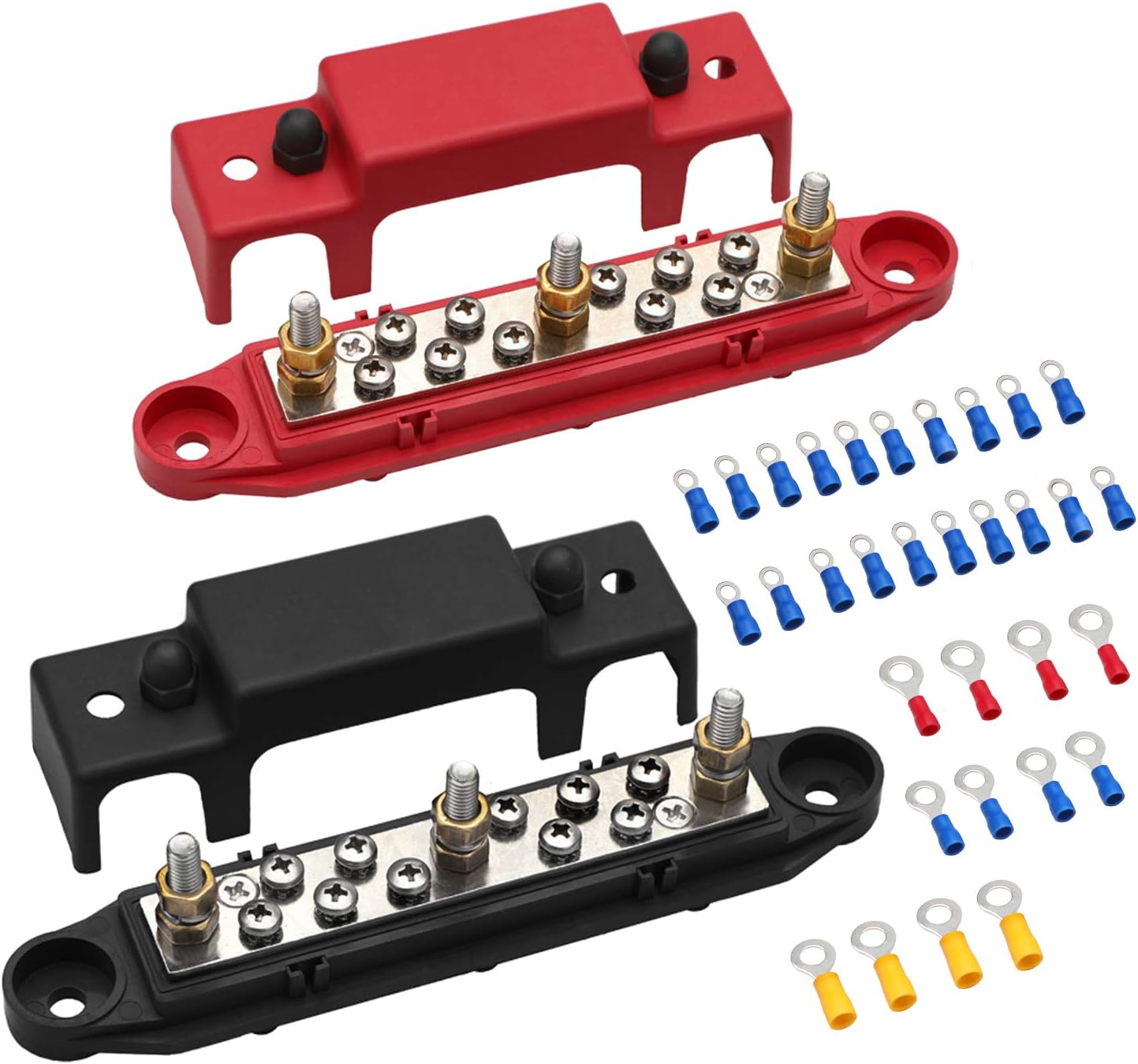 Mofeez Bus Bar -3×1/4”Post,10x#8 Screw Terminal Power Distribution Block with Ring Terminals(Pair – Red & Black)