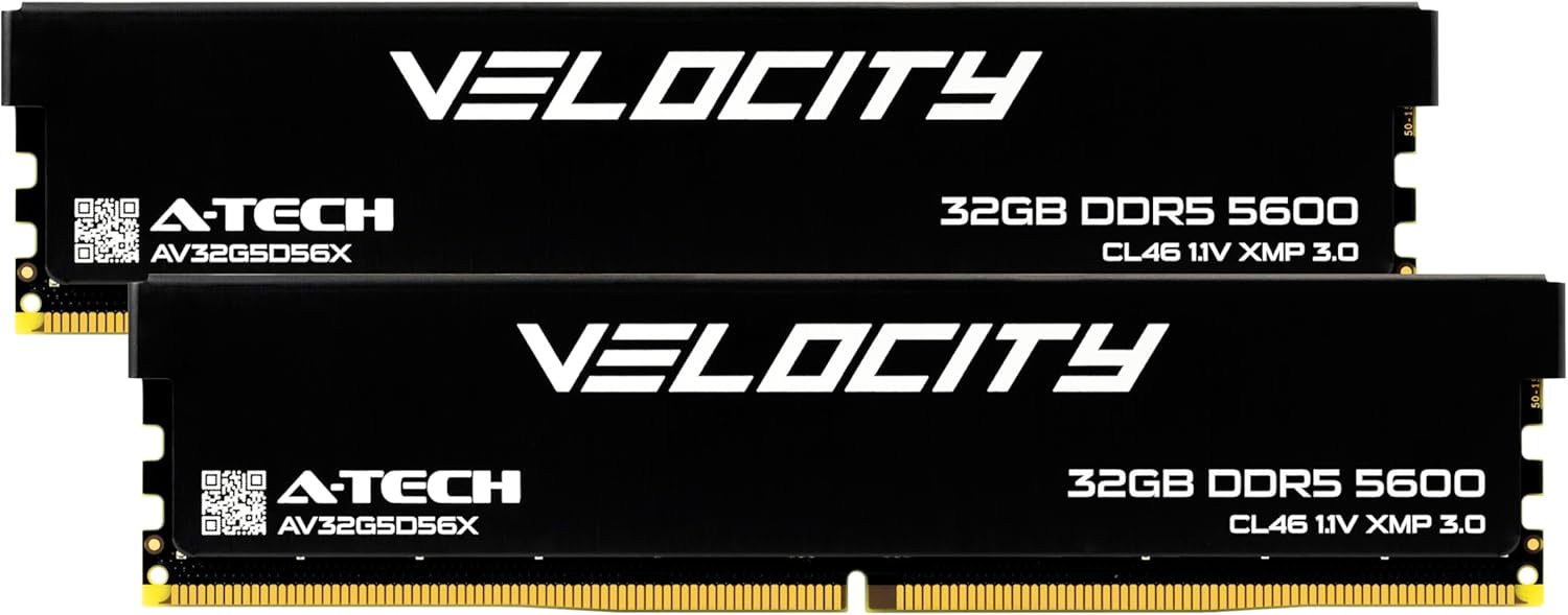 A-Tech Velocity RAM 64GB (2x32GB) DDR5 5600MHz (PC5-44800) XMP 3.0 UDIMM 1.1V Non-ECC DIMM 288-Pin Desktop Computer Gaming Memory – AV2K32G5D56X