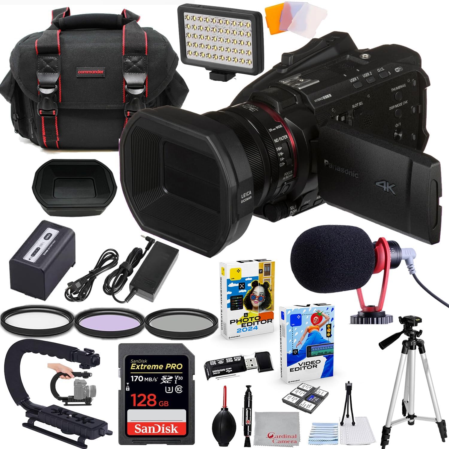 Panasonic HC-X1500 UHD 4K HDMI Pro Camcorder with 24x Zoom Bundle + Accessory Package Including 128GB Extreme Pro Memory, LED Light, HD Filters, Carry Bag, Editing Software Package & More (28 Items)