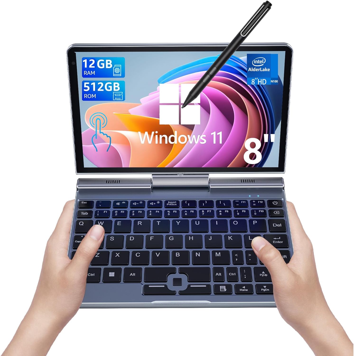 Mini Laptop,8 inch HD Touch Screen Mini Computer Windows 11 Pro,Intel N100 4 Cores 2-in-1 Pocket PC 12GB LPDDR5 RAM 512GB M.2 SSD, Gigabit | Wi-Fi 6 | BT5.2 | 2MP Camera | G-Sensor | HDMI