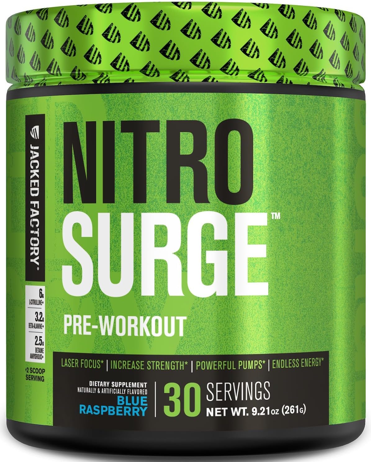 Jacked Factory NITROSURGE Pre Workout Supplement – Energy Booster, Instant Strength Gains, Clear Focus & Intense Pumps – NO Booster & Powerful Preworkout Energy Powder – 30 Servings, Blue Raspberry