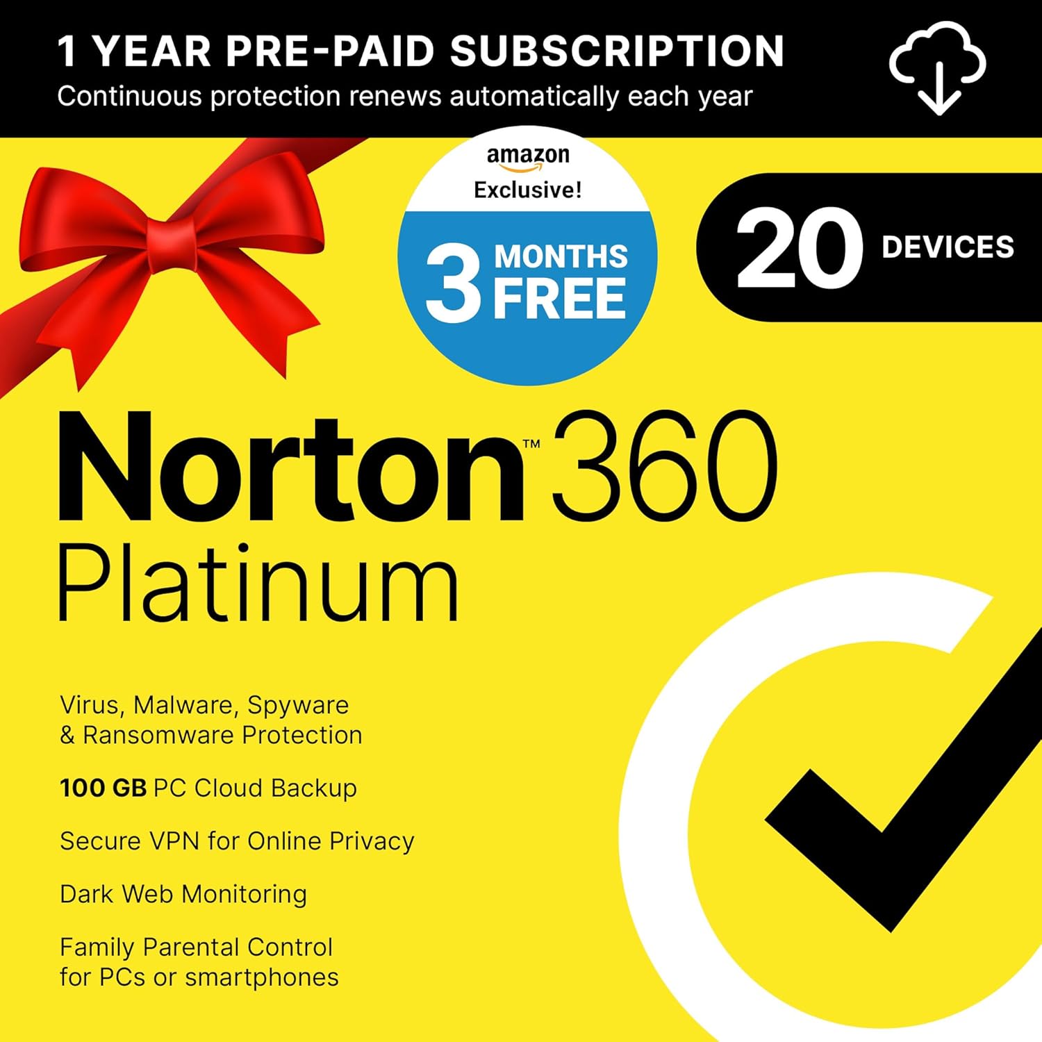 Norton 360 Platinum 2025, Antivirus software for 20 Devices with Auto Renewal – 3 Months FREE – Includes VPN, PC Cloud Backup & Dark Web Monitoring [Download]