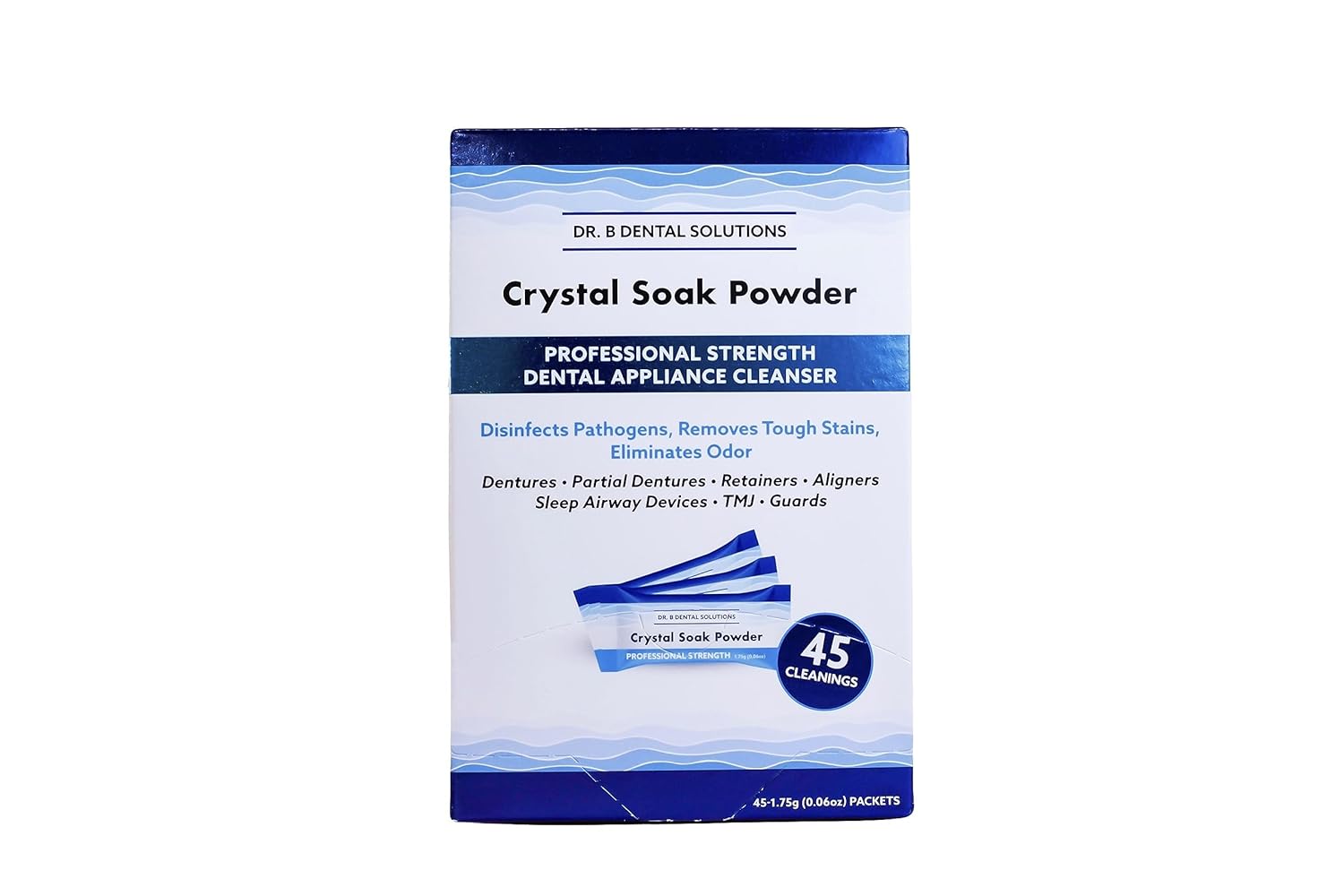 Dr. B Dental Solutions Powder Crystal Soak Cleanser, Ideal for Oral Appliances, Dentures, Night Guards, Retainers, Aligners, and Sleep Apnea Devices – 45 Packs Included (Single Pack)