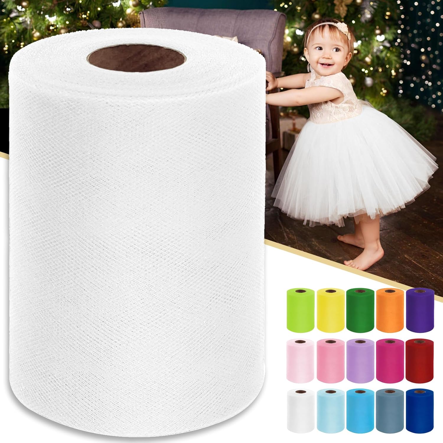 White Tulle Fabric Roll 6 Inch by 100 Yards (300 feet) Sheer Tulle Ribbon for Christmas Gift Wrapping Tutu Skirt Wedding Baby Shower Party Decorations DIY Crafts