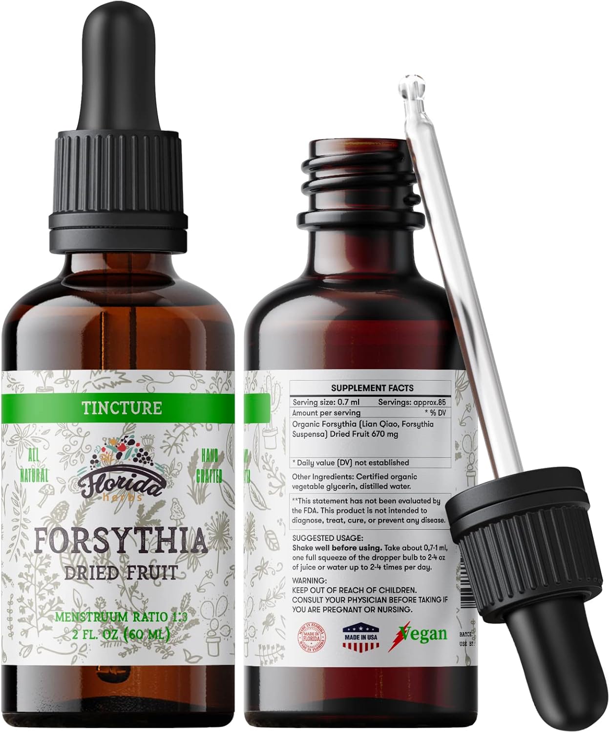 Forsythia Tincture, Organic Forsythia Extract (Lian Qiao, Forsythia Suspensa) Health Supplement, Non-GMO in Cold-Pressed Organic Vegetable Glycerin 2 oz, 670 mg