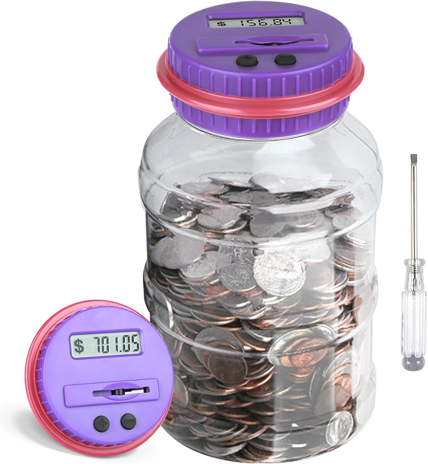 Large Piggy Bank for Adults Kids, Vcertcpl Digital Coin Counting Bank with LCD Counter, 1.8L Capacity Coin Bank Money Jar for Adults, Designed for All US Coins (Purple)