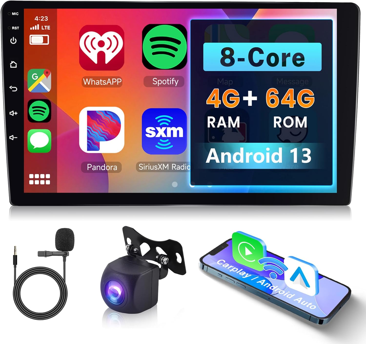 8 Core 4G+64G Android 13 Car Stereo Double Din Wireless Carplay Android Auto, Rimoody 9” Touchscreen 2 Din Car Radio GPS 4G-WiFi Bluetooth FM DSP-36 Mirror Link 59-UI Themes AHD Backup Camera