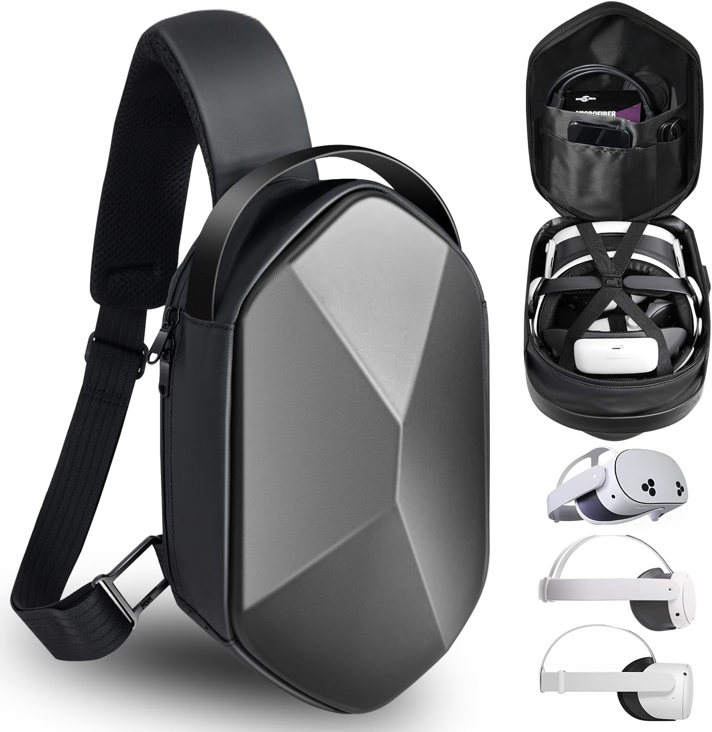 SARLAR Carrying Travel Case for Oculus Meta Quest 3S/Quest 3/Quest 2/Apple Vision Pro Accessories, Expandable Capacity Fixed Storage Controllers and Head Strap and All, Crossbody Sling Backpack