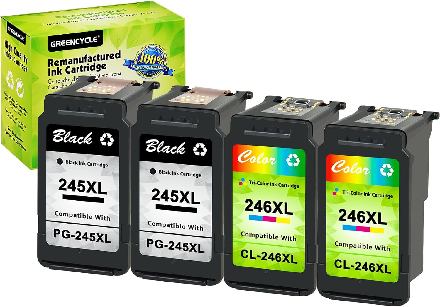 greencycle Remanufactured PG-245XL 245 XL CL-246XL CL-246 Ink Cartridge Compatible for Canon Pixma MX490 MX492 IP2820 MG2920 MG2922 MG2924 MG3020 MG3022 TS302 (Black, 2 Pack; Tri-Color, 2 Pack)