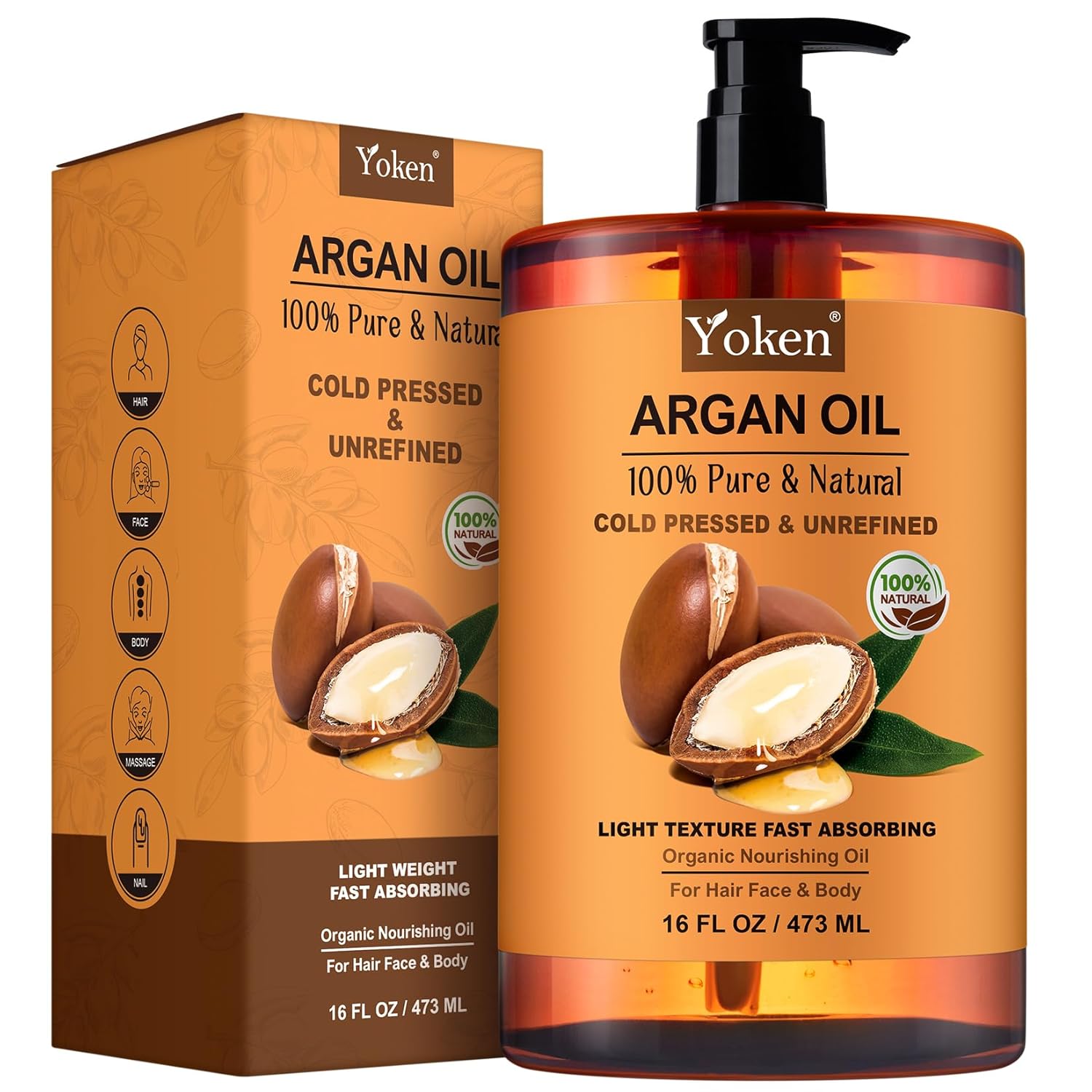 Yoken Organic Argan Oil for Hair, 16 Fl Oz Pure and Natural Morocco Argan Oil, Argon Oil For Hair, Scalp, Face & Skin Care, 100% Cold Pressed Hair Conditioner, Unrefined Argon Nails Carrier Oil.