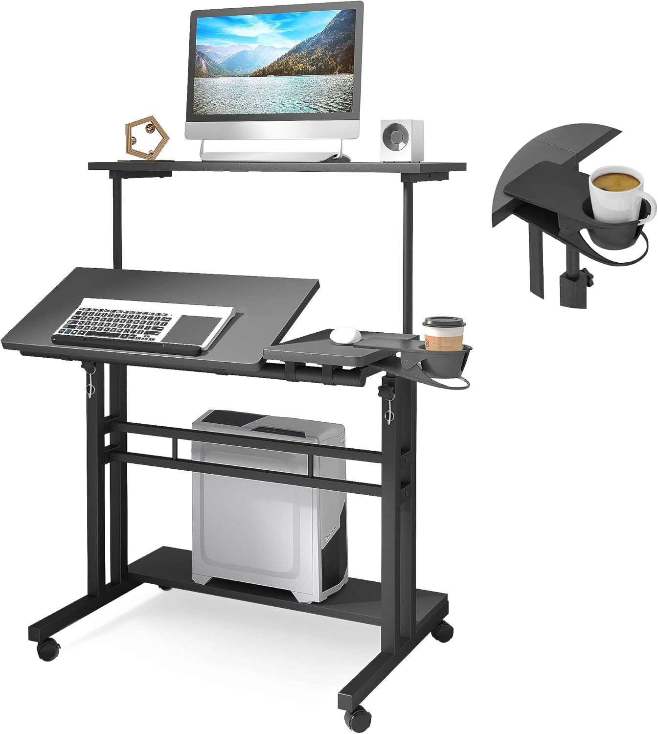 Panta Mobile Standing Desk, Adjustable Rolling Computer Desk with 3 Desktops, Portable Laptop Table with Desk Cup Holder, Home Office Laptop Workstation on Lockable Wheels, Black