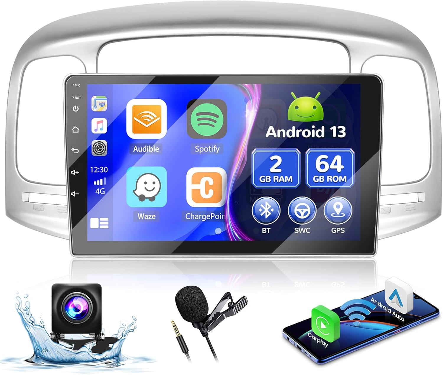 2+64G Android 13 CarPlay Car Stereo Radio for Hyundai Accent 2006-2011, 9” HD Touch Screen Compatible with Android Auto, AHD Backup Camera, Mirror Link, GPS, WiFi, FM RDS