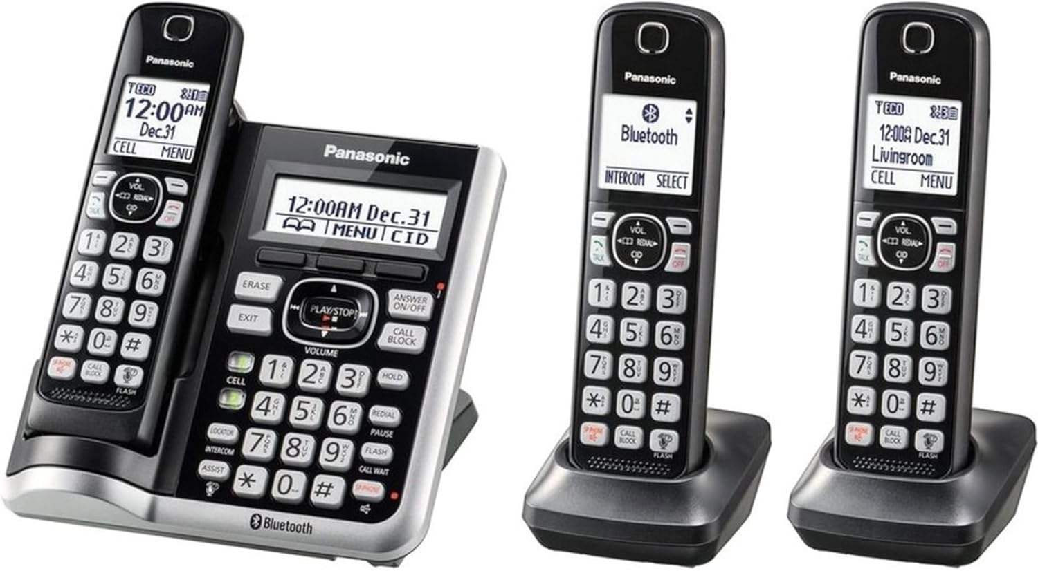 Panasonic Link2Cell Bluetooth Cordless Phone System with Voice Assistant, Call Blocking and Answering Machine. DECT 6.0 Expandable Cordless System – 3 Handsets – KX-TGF573S (Black/Silver Trim)