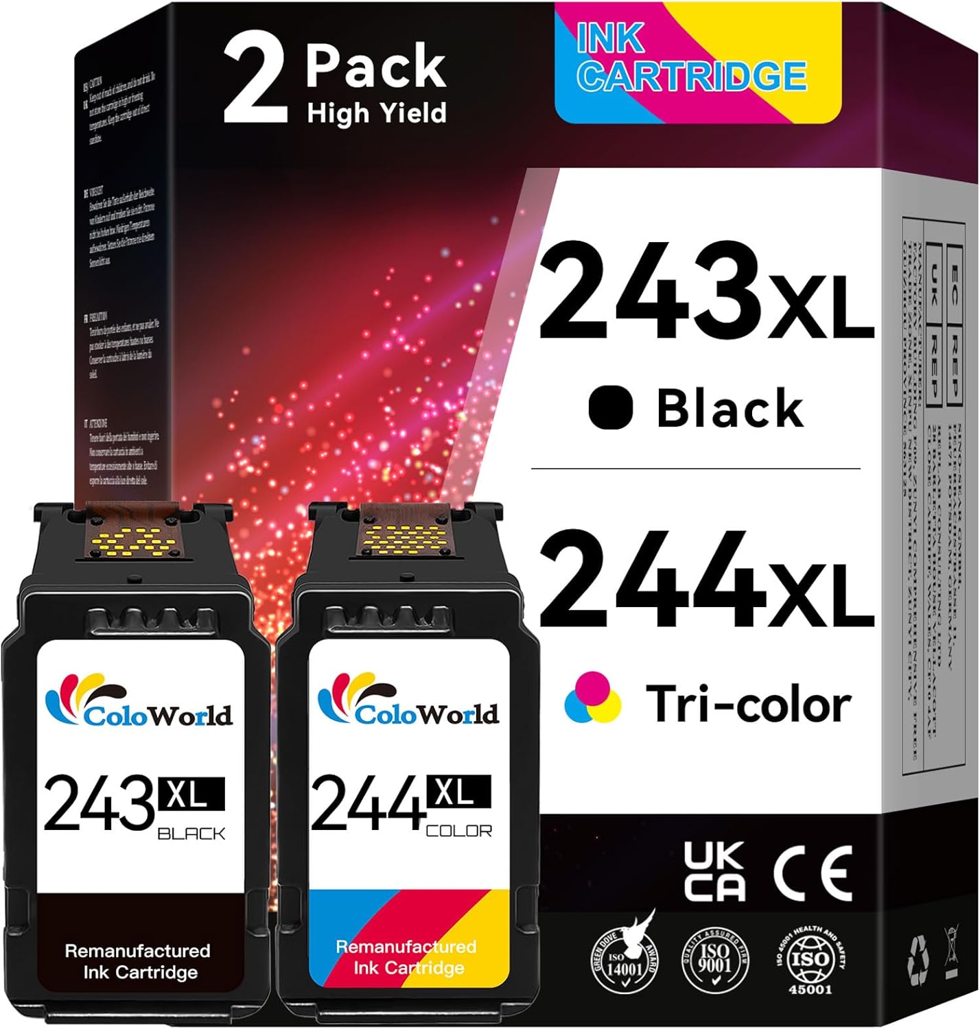 ColoWorld Remanufactured Ink Cartridge Replacement for Canon PG-243 CL-244 PG-245XL CL-246XL for Pixma MX492 MX490 TR4520 MG2522 MG2922 MG2520 MG2920 MG3022 iP2820 TS202 Printer (1 Black 1 Color)