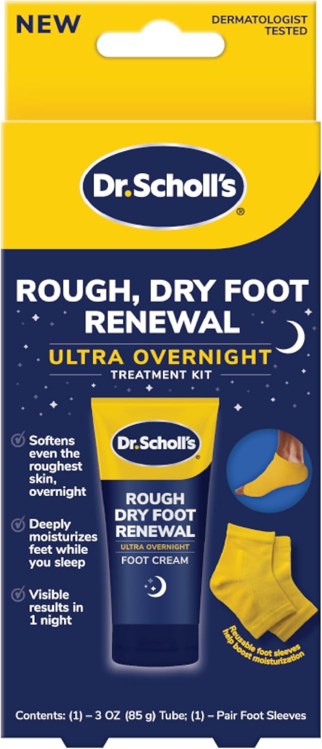 Dr. Scholl’s Rough, Dry Foot Renewal Ultra Overnight Treatment with Overnight Foot Cream 3oz with Aloe, Coconut Oil & Urea and Heel Sleeve Socks, Deeply Moisturize & Soften Feet, Dermatologist Tested