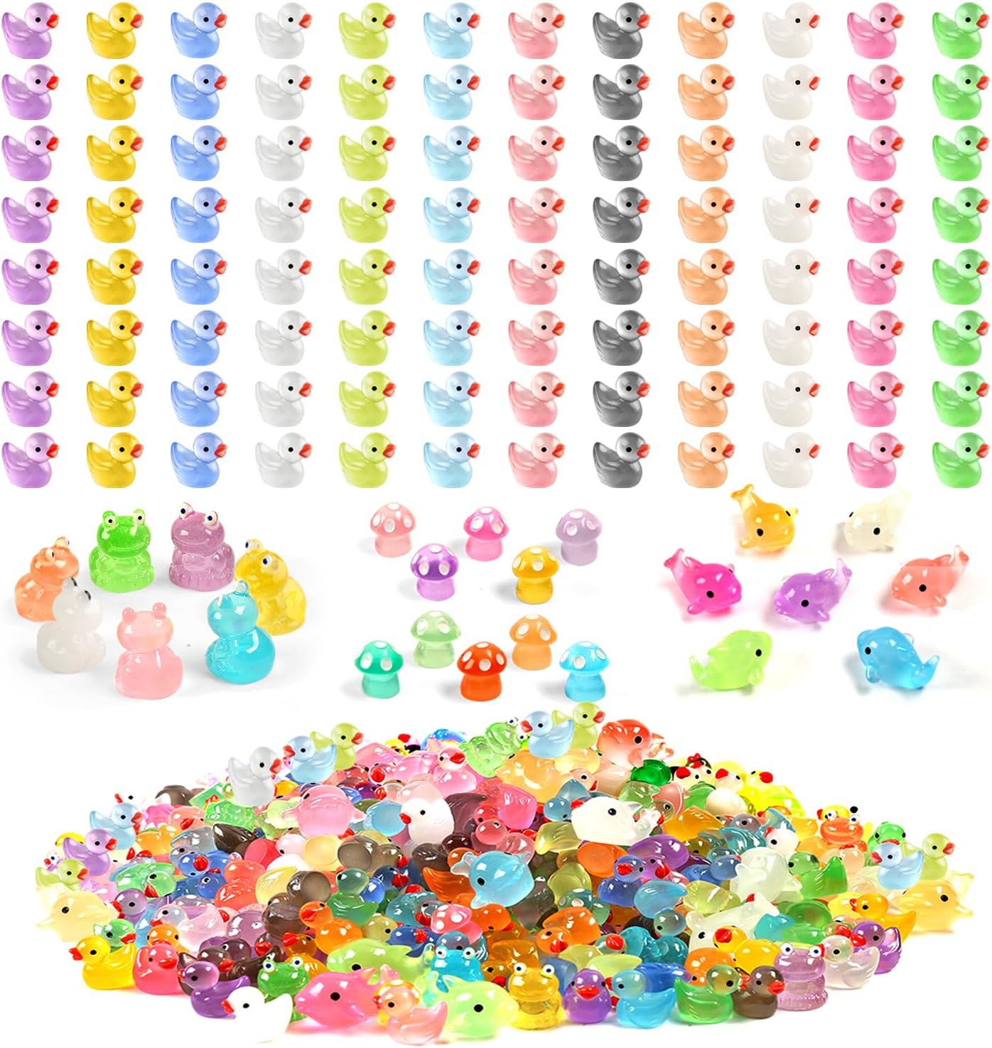 120 Pcs Luminous Mini Resin Ducks Glow in The Dark Animals Duck Frog Dolphin Mushroom 4 Combination Sets for Garden Miniature Figure Landscape Aquarium Hide and Seek Prank Dollhouse Decor