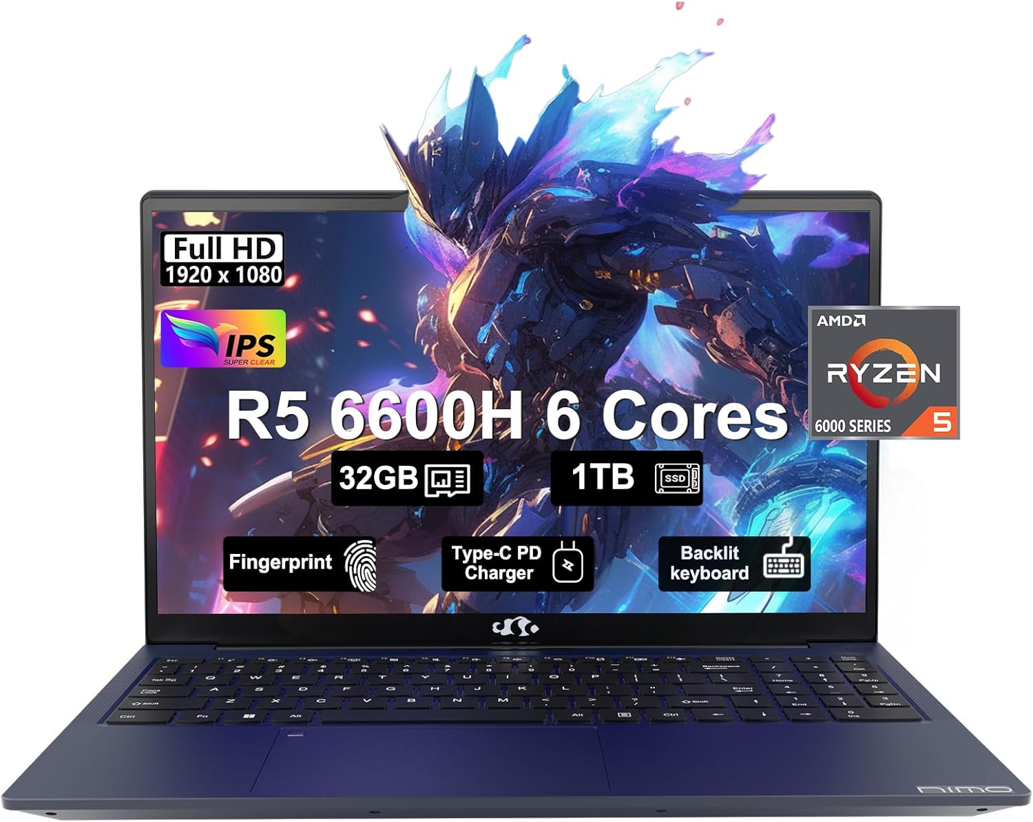 NIMO 15.6 FHD IPS Business Gaming Laptop, 6-Cores AMD Ryzen 5 6600H 660M 6 nm,32GB RAM DDR5, 1TB SSD, (Beat i5-12450H, up to 4.5GHz),100W Type-C, Fingerprint, Backlit Keyboard, WiFi 5, Win 11