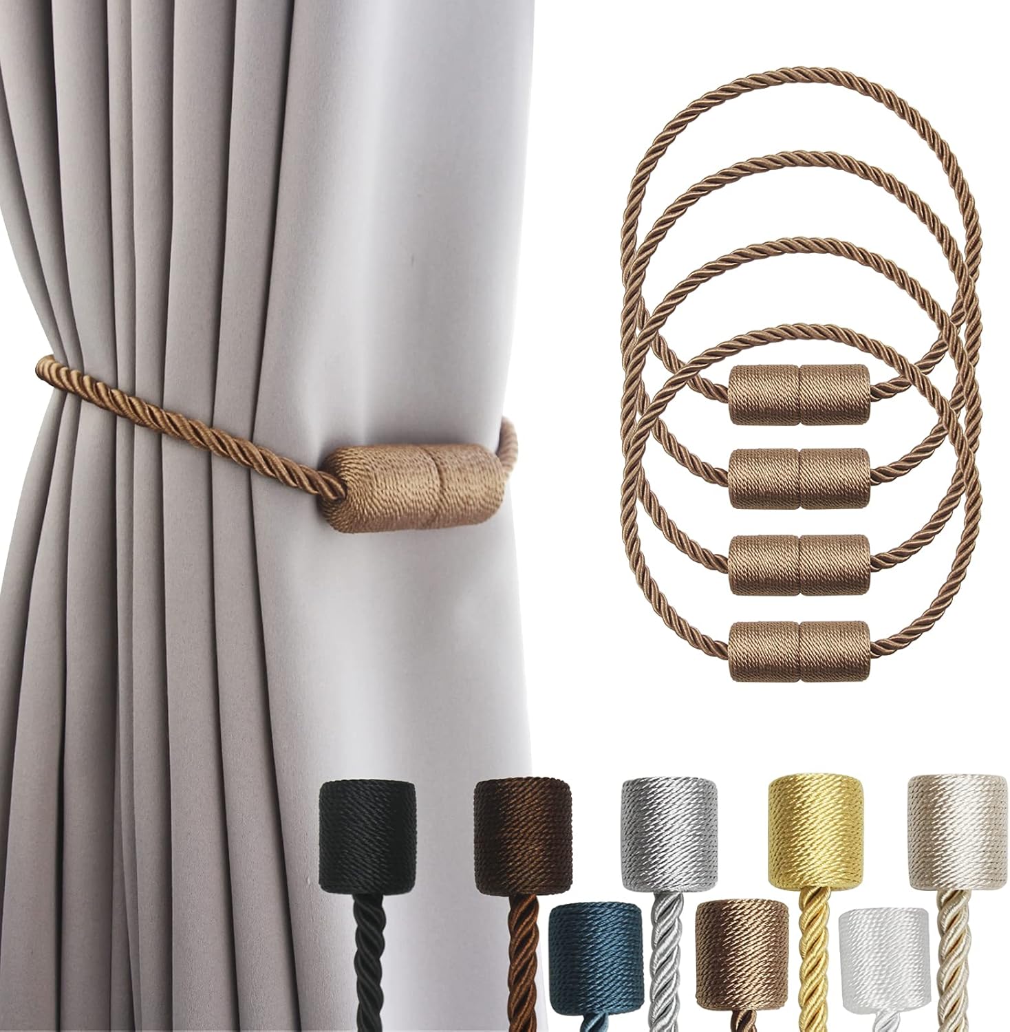 4 Pack Strong Magnetic Curtain Tiebacks Outdoor Elegant Decorative Tie Backs Modern Rope Tiebacks for Drapes Window Curtain Holdbacks for Draperies- Khaki