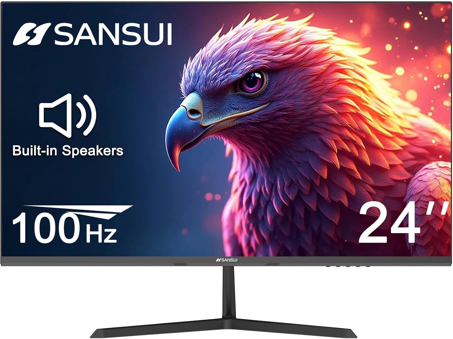 SANSUI 24 inch Monitor, IPS Display Computer Monitor with Built-in Speakers, 100Hz Monitor VESA Mount with HDMI Inputs, FHD Monitor for Home Office (ES-24x3A HDMI Cable Included)