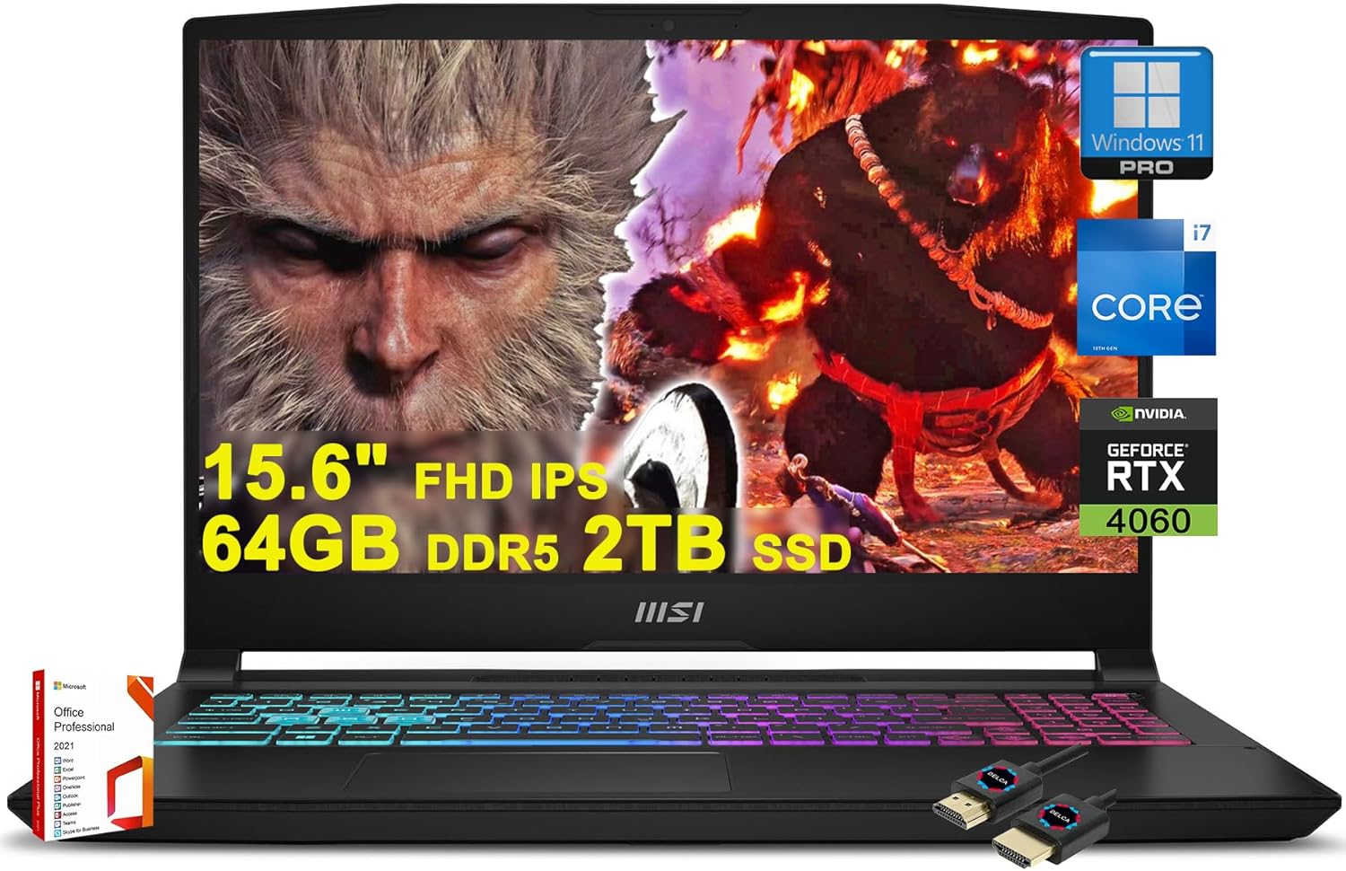 MSI Katana A15 Gaming Laptop | 15.6″ FHD IPS 144Hz | Intel 10-Core i7-13620H (>i9-12900H) | 64GB DDR5 2TB SSD | GeForce RTX 4060 8GB RGB Backlit USB-C Nahimic Office2021Pro Win11Pro w/DLCA Accessory