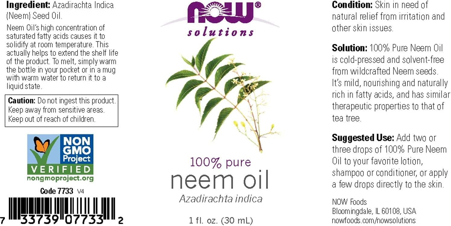 NOW Solutions, Neem Oil, 100% Pure, Made From Azadirachta Indica (Neem) Seed Oil, Natural Relief from Irritation and Other Skin Issues, 1-Ounce, 2 Pack