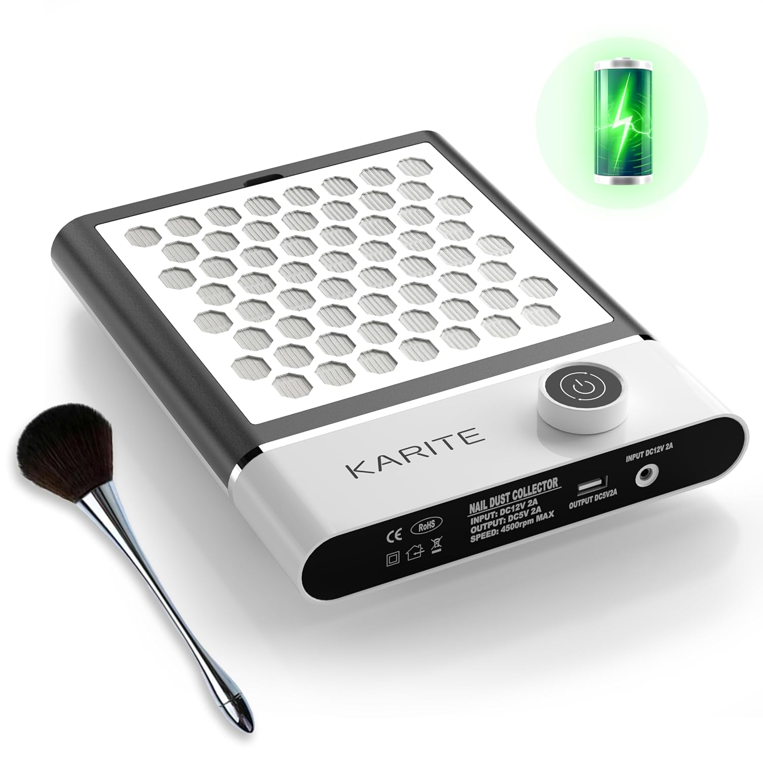 KARITE Nail Dust Collector with Cleanable & Reusable Filter, Electric Dust Collector Nail Tech with 4 Turbofans Strong and Adjustable Suction, Low Noise, 4000mAh Battery, High Endurance, Nail Salon