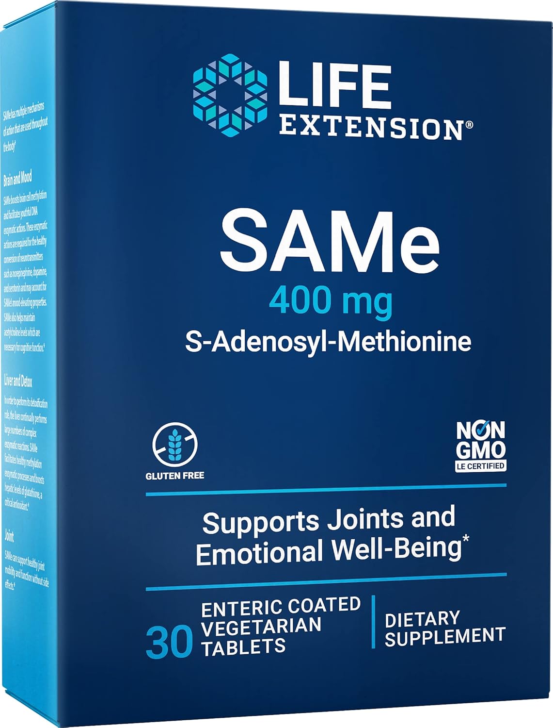 Life Extension Same 400 mg Enteric-Coated S-Adenosyl-Methionine Mood Support, Liver Health & Healthy Joint Function Support Supplement – Non-GMO, Gluten Free – 30 Enteric-Coated Vegetarian Tablets