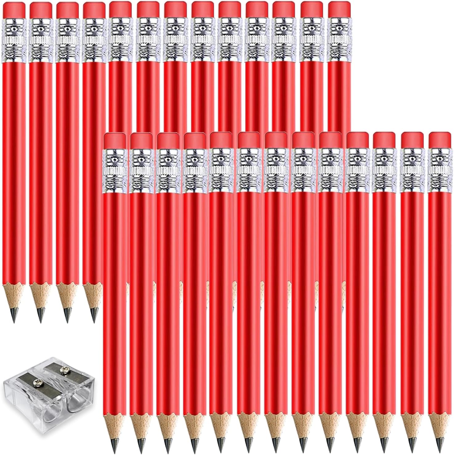 Adhere 25pcs Golf Pencils with eraser Hexagon Wooden Pencils Graphite 2B for Golf Event Scoring,Classroom,Wedding,Company Meetings,Pew, Pocket (z-Red・Round ・50pcs)