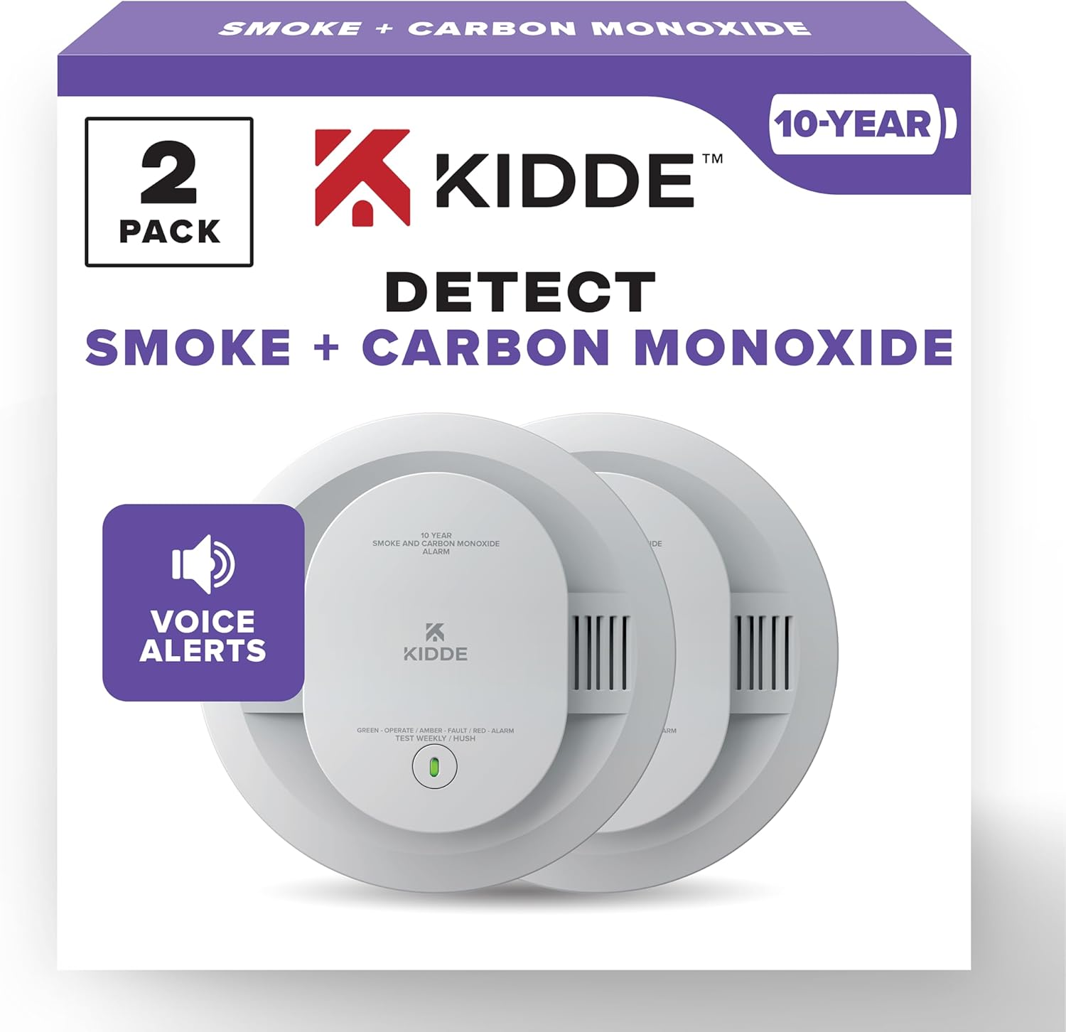 Kidde Smoke & Carbon Monoxide Detector, 10-Year Battery Powered, Voice Alerts, LED Warning Light Indicators, 2 Pack