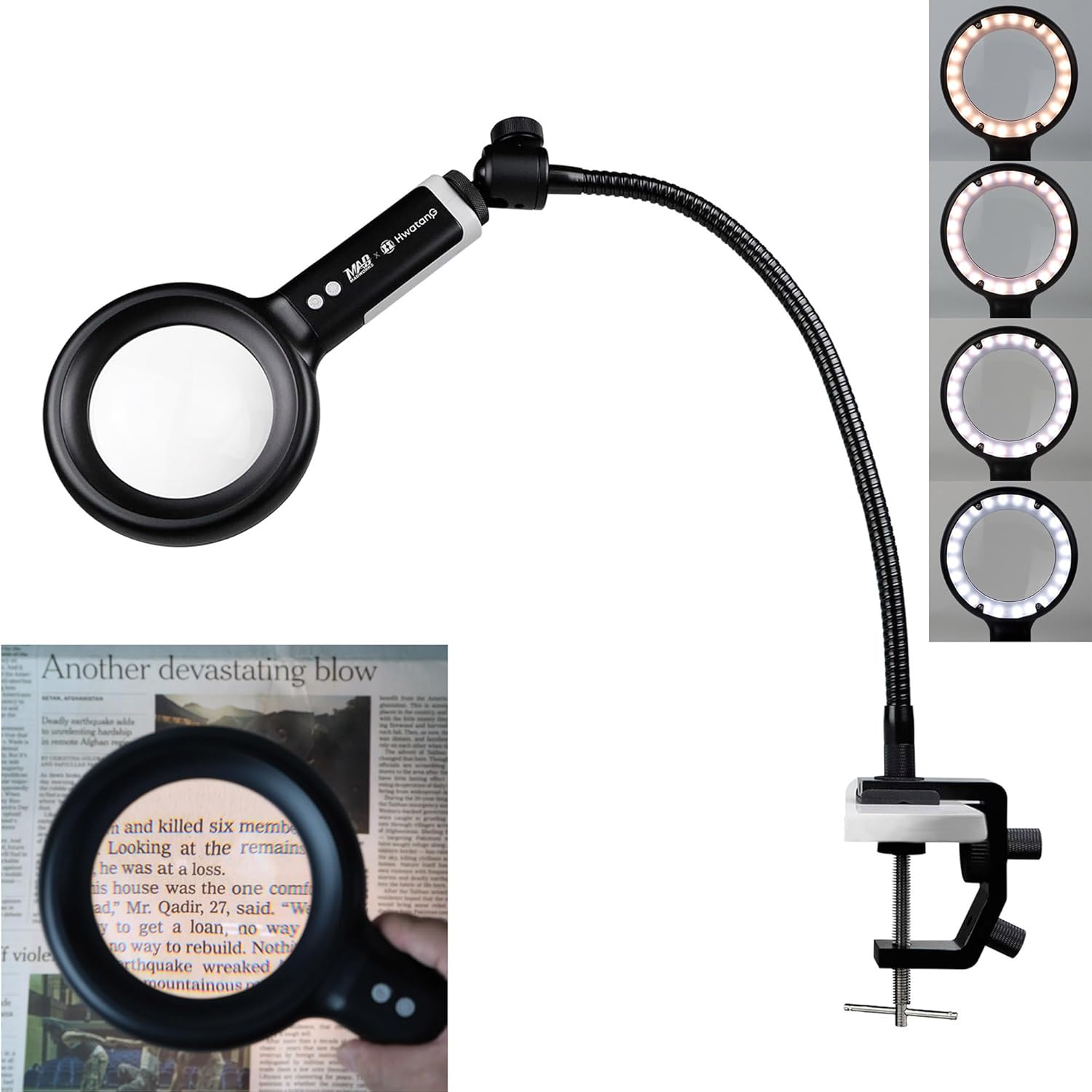 HWATANG OHBIG x MADWORKS 3x/8D/100mm Dimming Toning LED Aspheric Magnifying Glass – Low Vision Aid for Macular Degeneration, Ra>90 Ring Light, AMD & 70+ Reading Magnifier (w/Desk Clamp Kit)