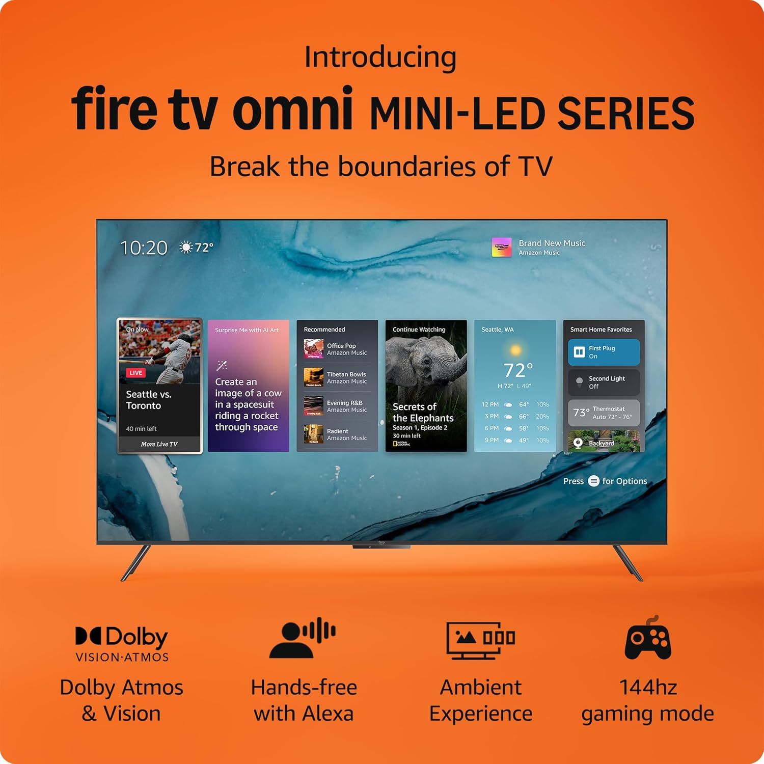 Introducing Amazon Fire TV 55″ Omni Mini-LED Series, QLED 4K UHD smart TV, Dolby Vision IQ, HDR 10+ Adaptive, 144hz gaming, hands-free with Alexa, Dolby Atmos, 2024 release